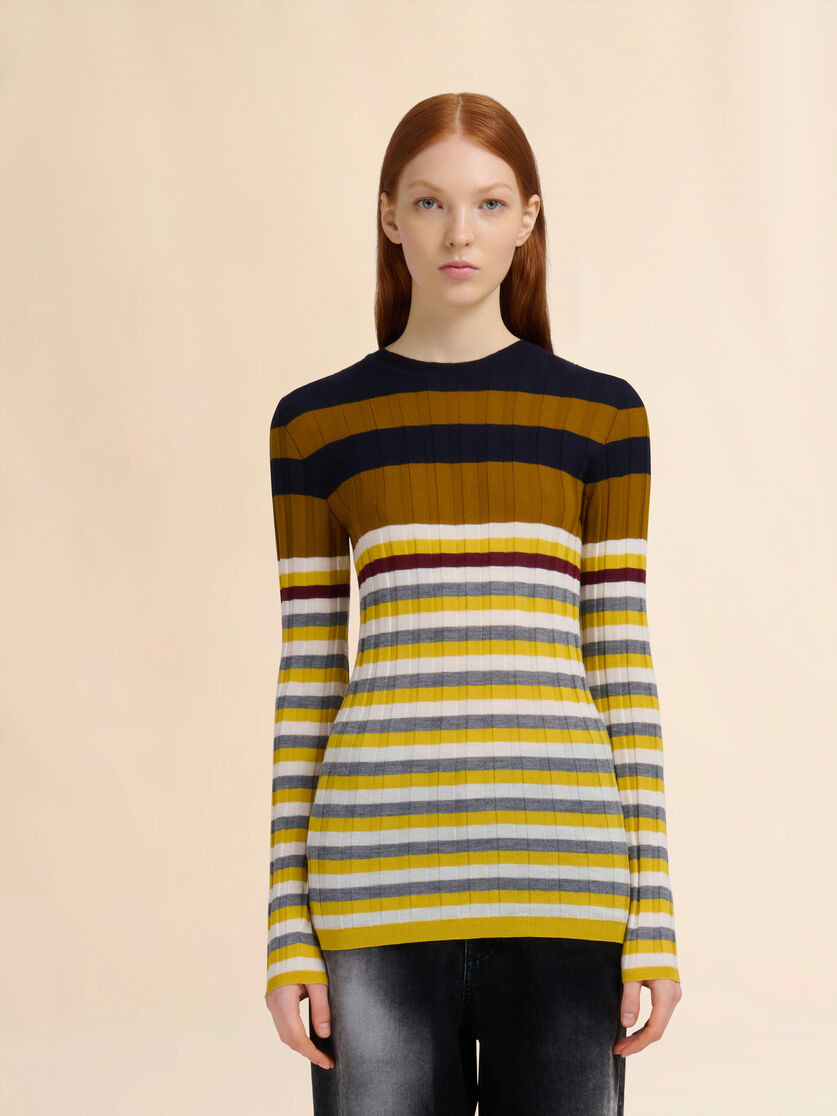 YELLOW WOOL SWEATER WITH MIXED STRIPES - 2