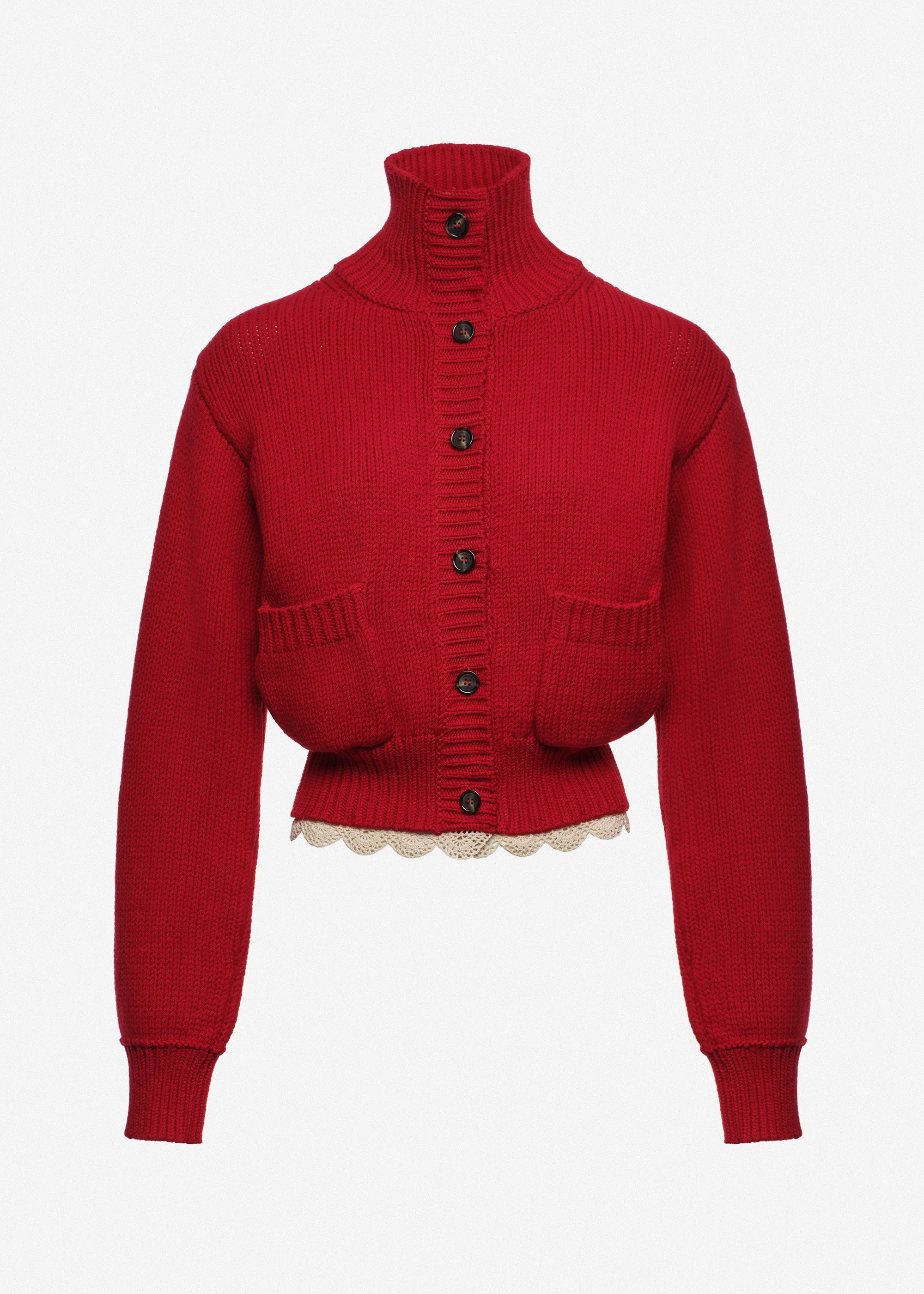 Cinched wool cardigan with high collar and lace trim in red - 1