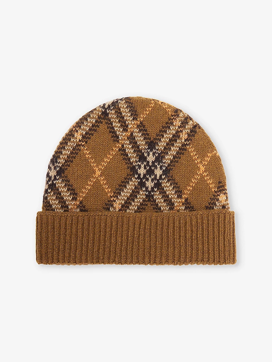 Check-pattern cashmere beanie hat - 3