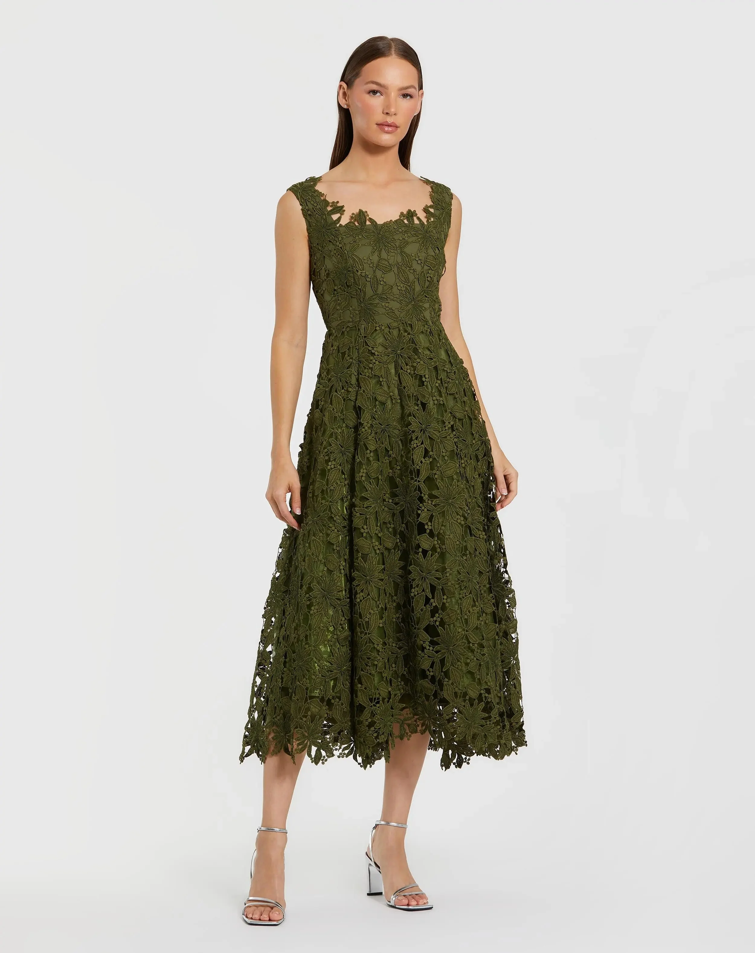 Army Green Sleeveless Embroidered Lace A-Line Midi Dress - 1