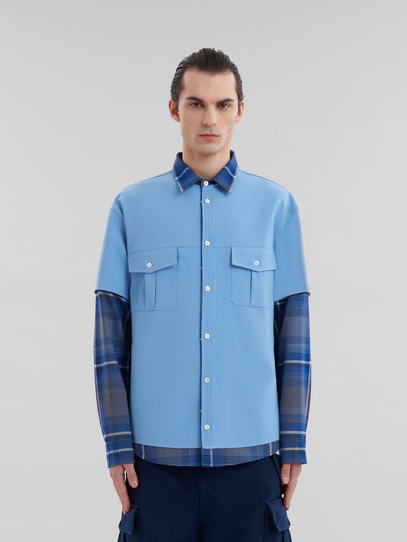 BLUE CHECKED WOOL MULTI-GARMENT SHIRT - 2