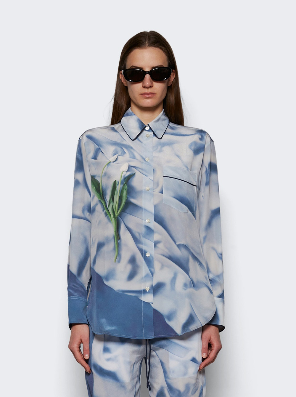Piping Detail Pyjama Shirt Flower Ice Blue - 3