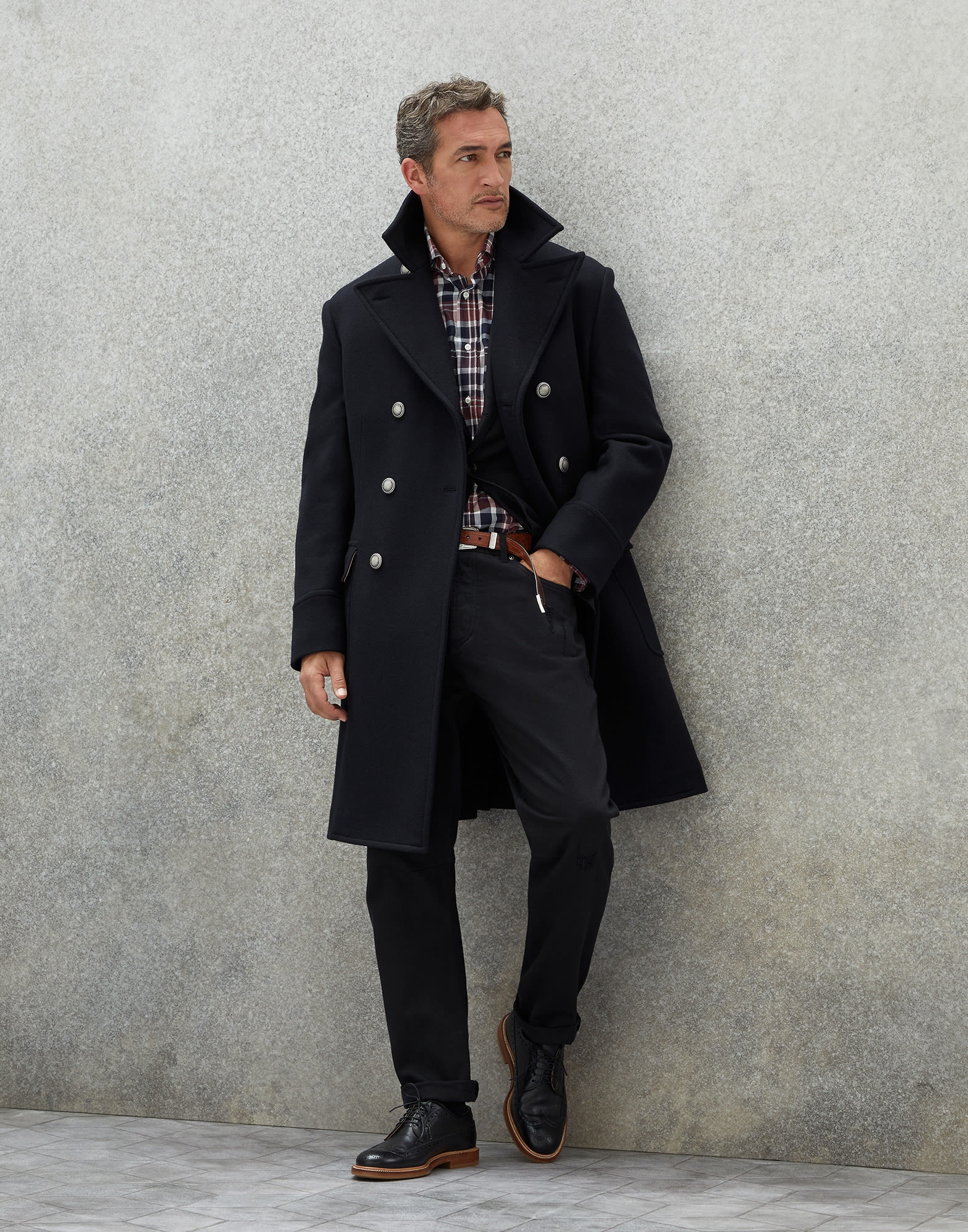 Virgin wool and cashmere double cloth one-and-a-half breasted coat with metal buttons - 5