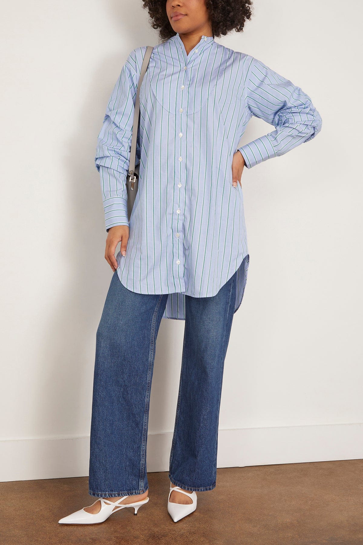 Pleated Sleeve Tuxedo Shirt Dress in Arctic Blue Stripe - 2