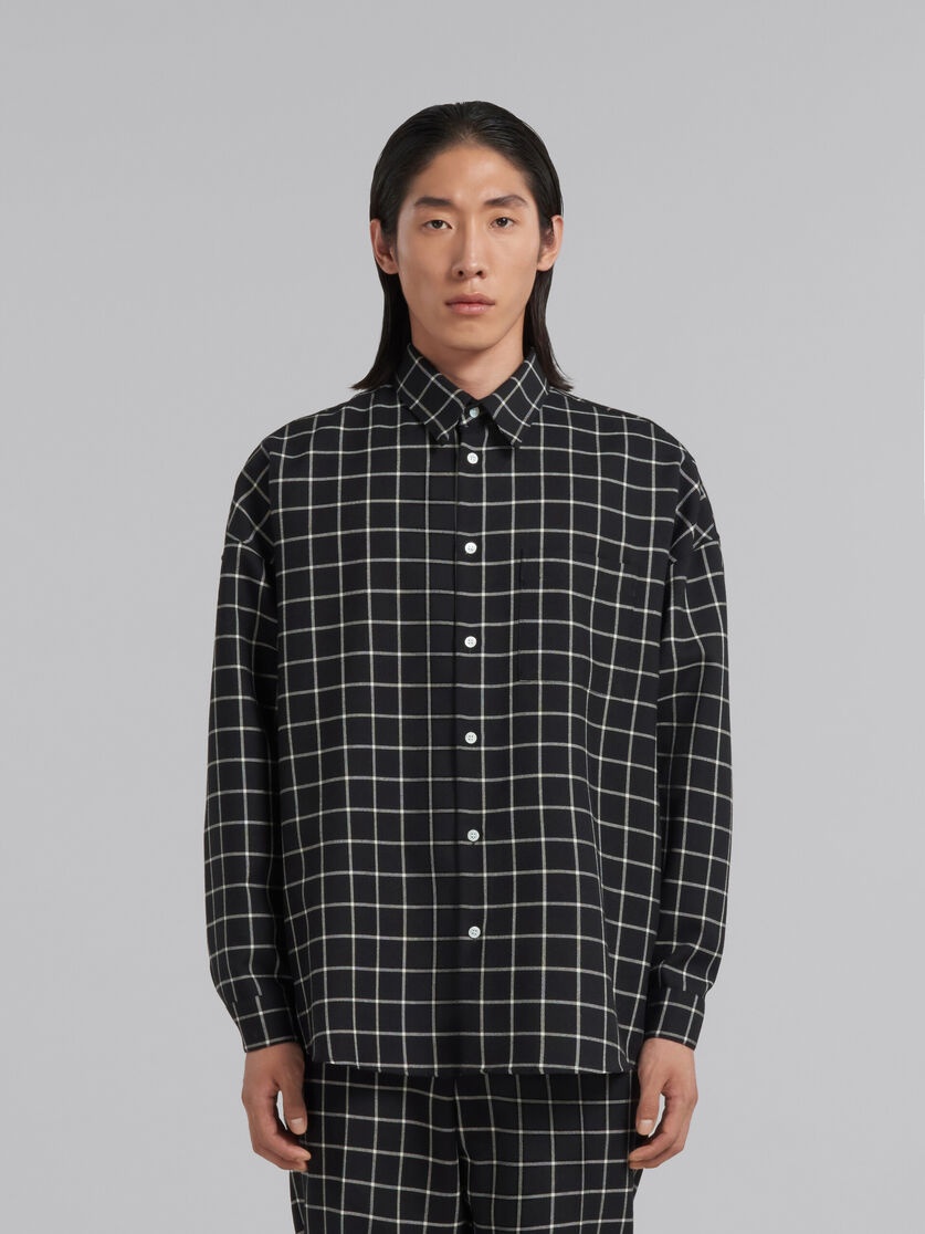 BLACK WOOL LONG-SLEEVED SHIRT WITH CHECKED PATTERN - 2