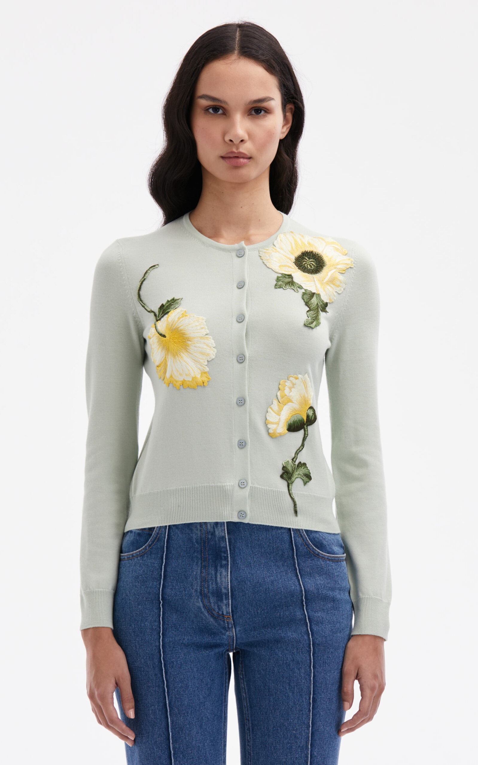 Oscar de la Renta floral-embroidered fine-knit cardigan - White