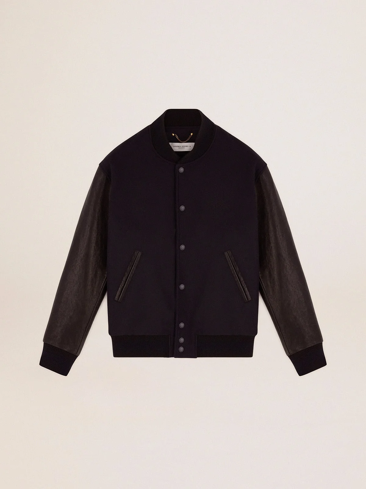 Men's bomber jacket in dark blue wool with leather sleeves - 1