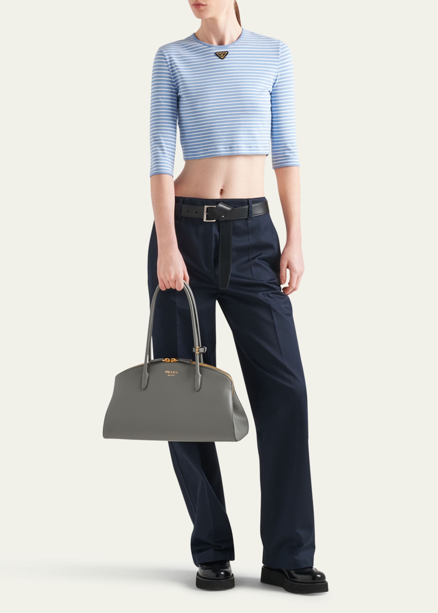 Stripe Three-Quarter Sleeve Jersey Crop Shirt - 2