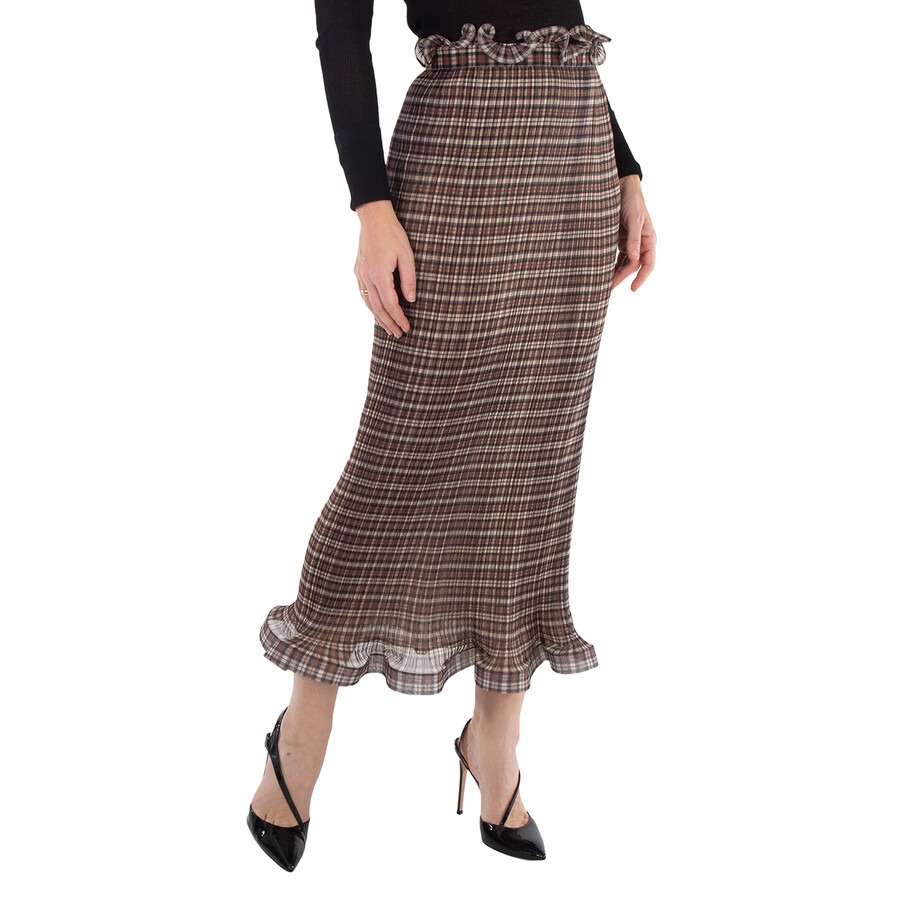 Burberry Ruffle Detail Check Chiffon Plisse Skirt - 4