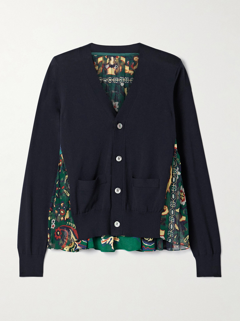 Paneled Cotton, Printed Satin And Pleated Chiffon Cardigan 1