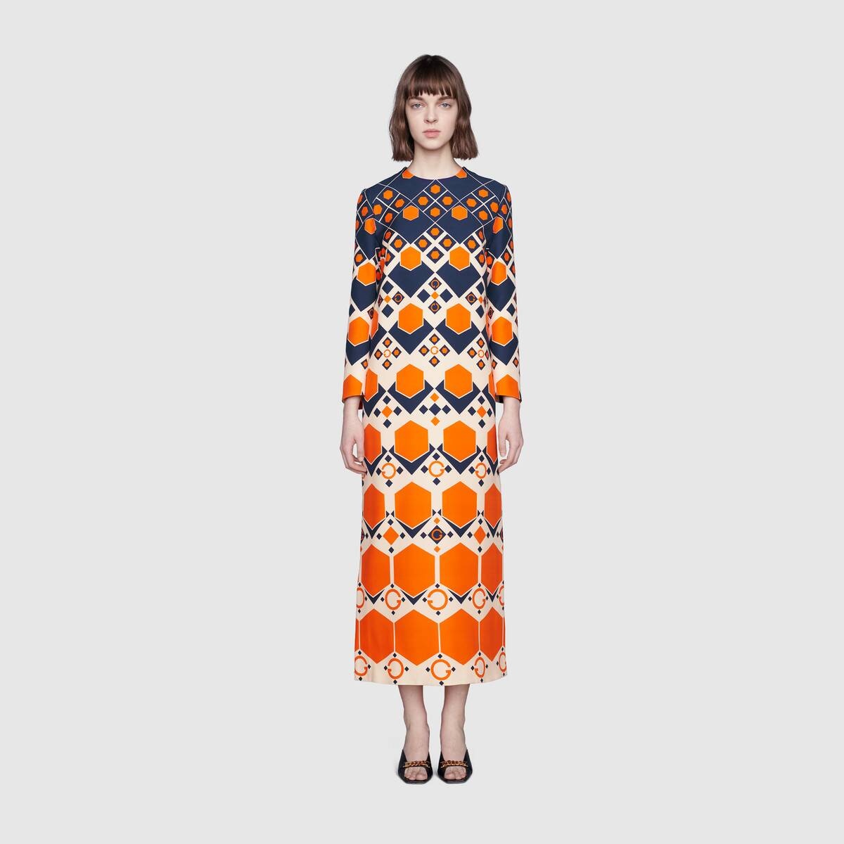 Long G hexagon print wool silk dress - 3