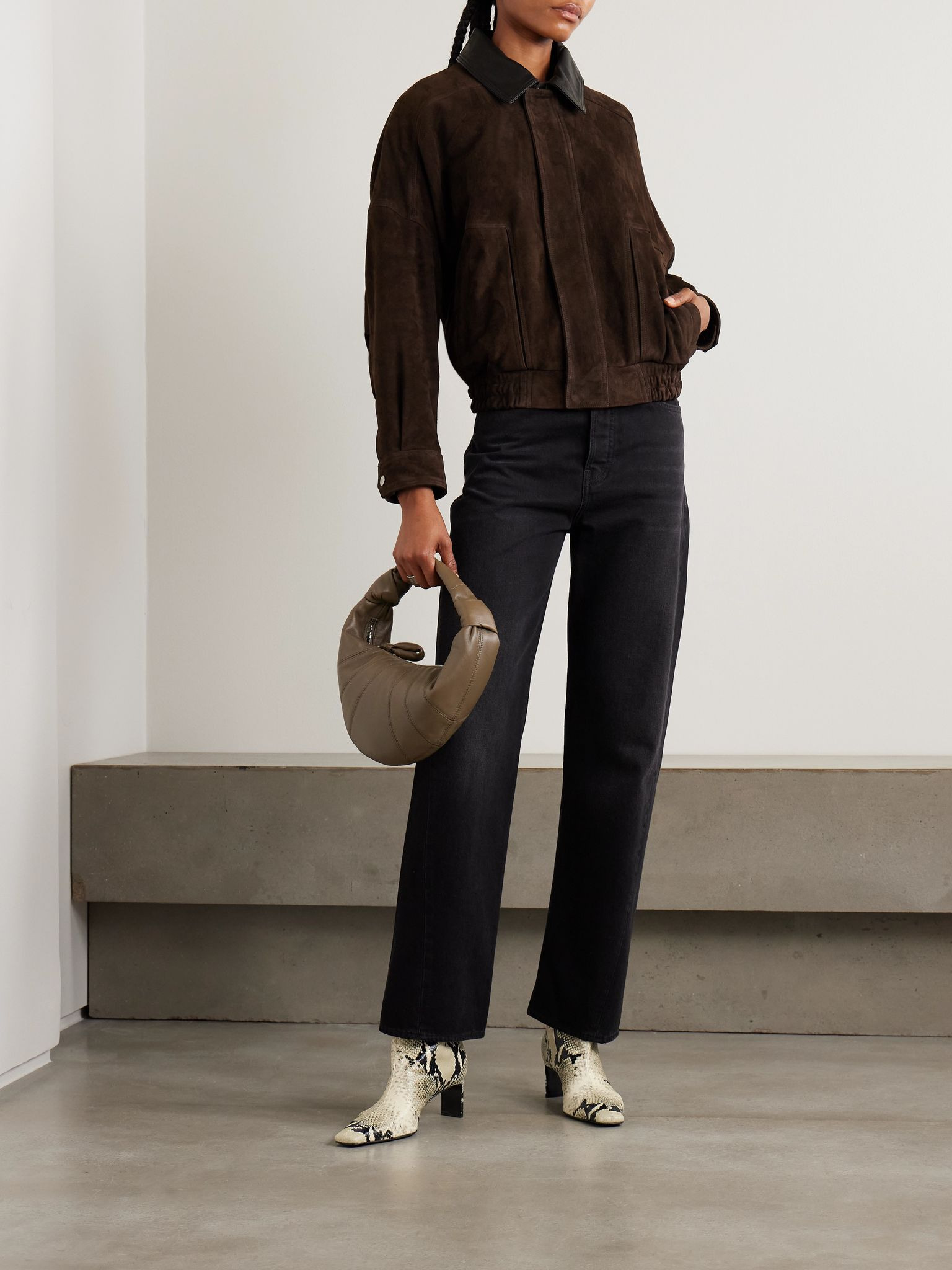 Dalma leather-trimmed suede bomber jacket Chocolate - 2
