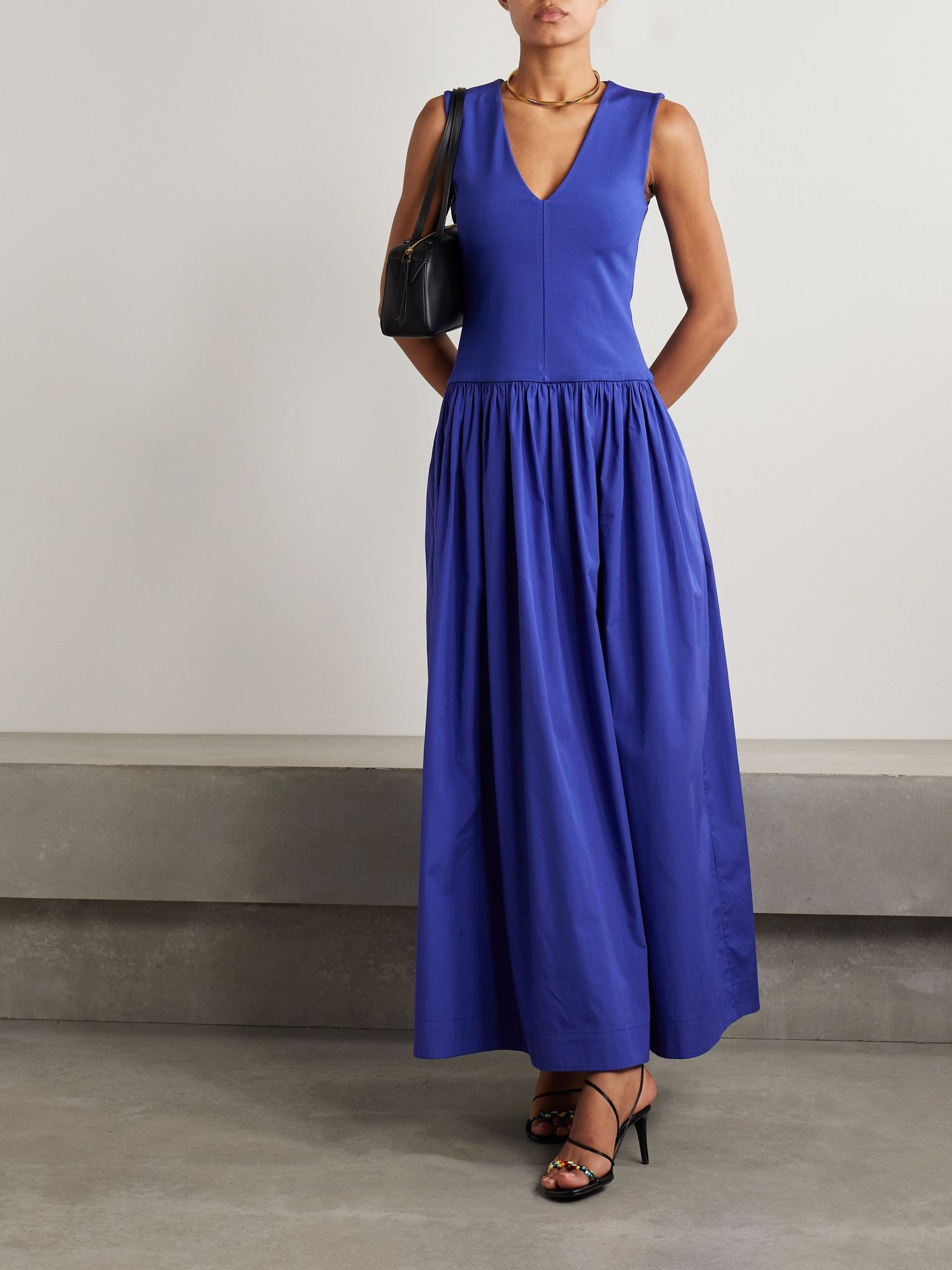 Stretch-knit and gathered organic cotton-poplin maxi dress Cobalt blue - 2