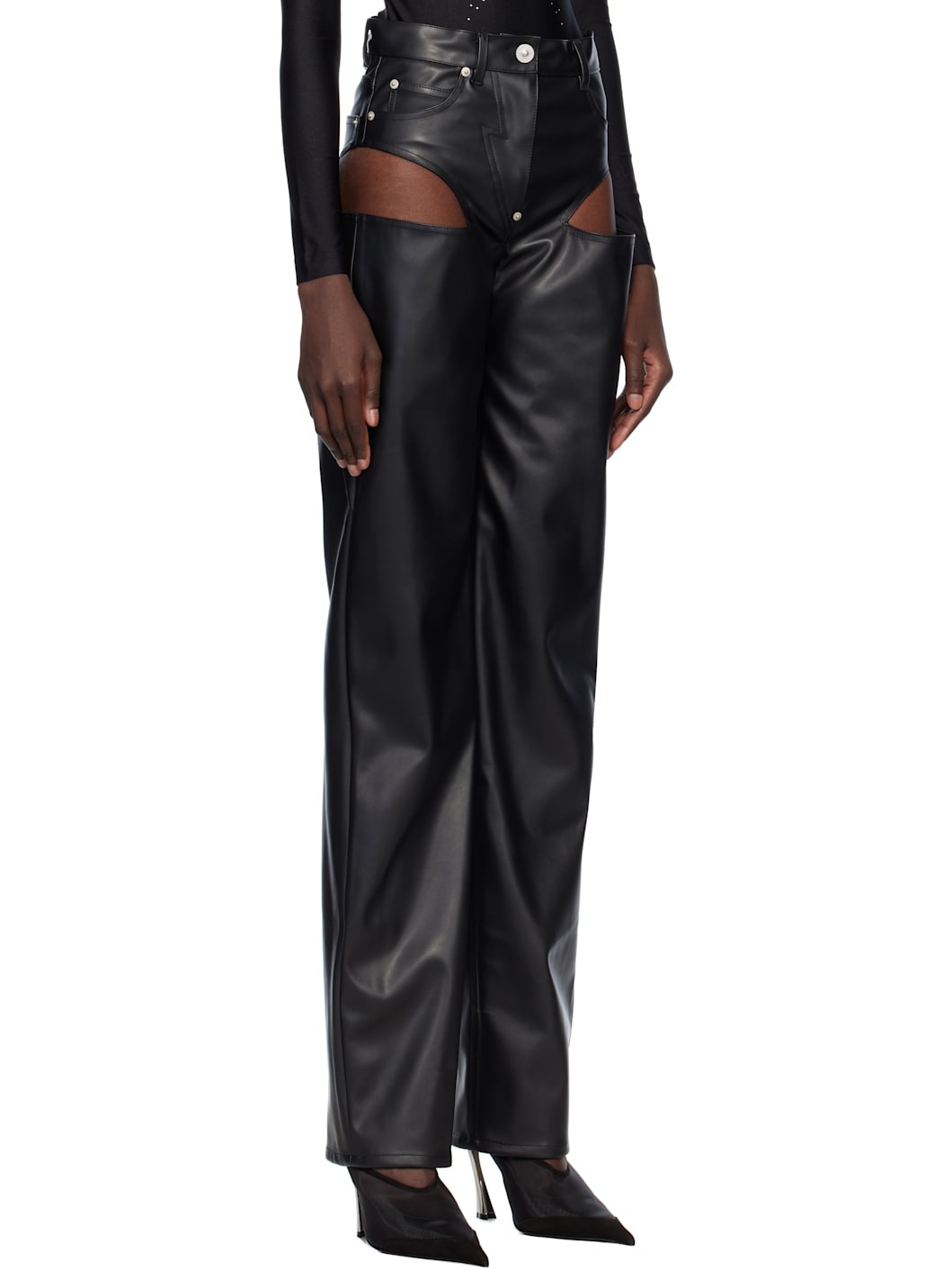 Black Side Cutout Faux-Leather Pants - 2