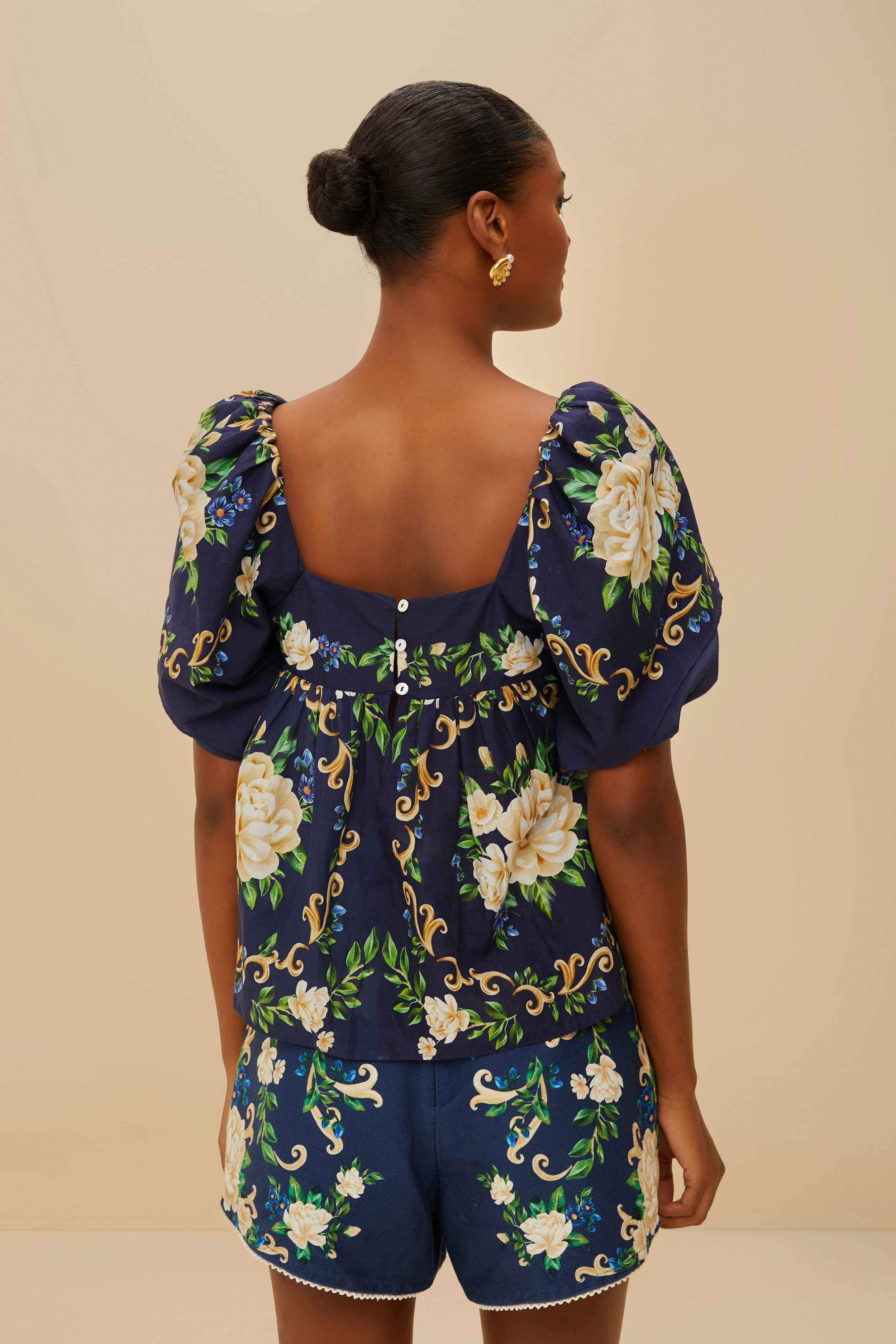 Blue Flower Tapestry Yoke Blouse - 4