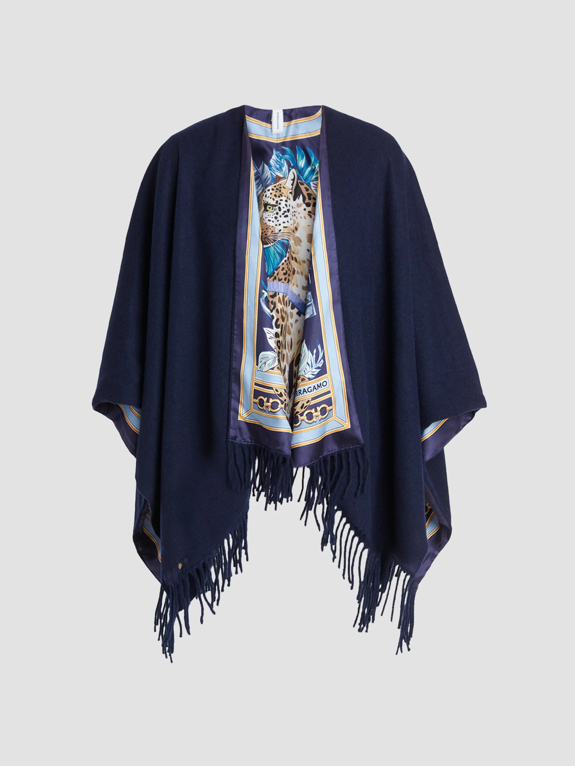 Women's Leopard Print Cashmere-Wool Reversible Cape - Navy Blue - 1