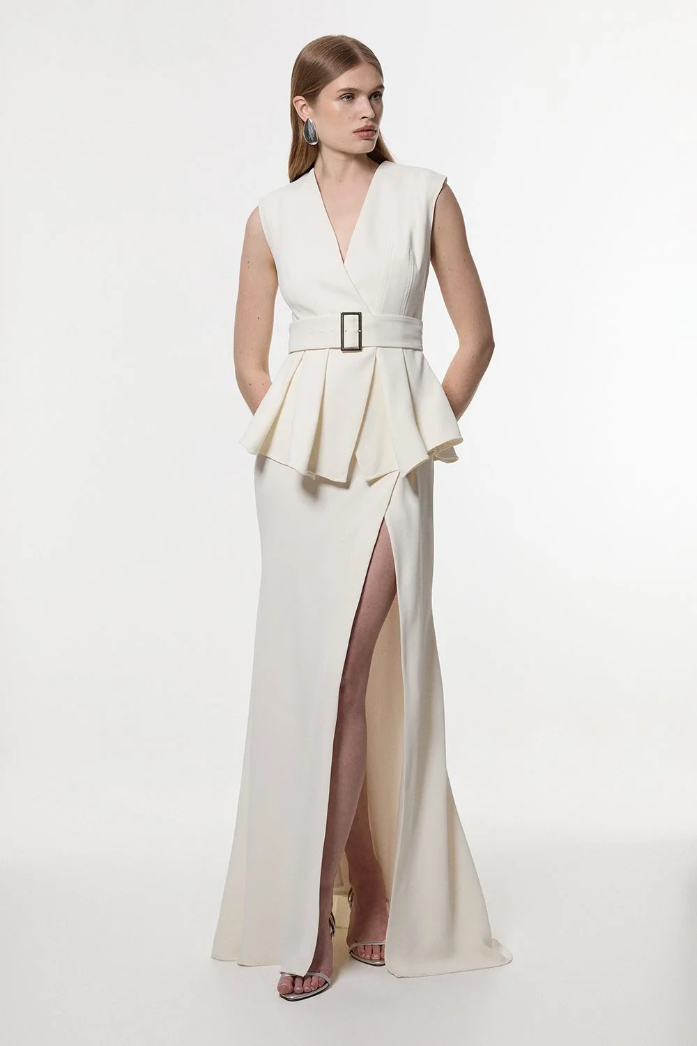 Soft Tailored Belted Peplum Tailored Maxi Dress - 1
