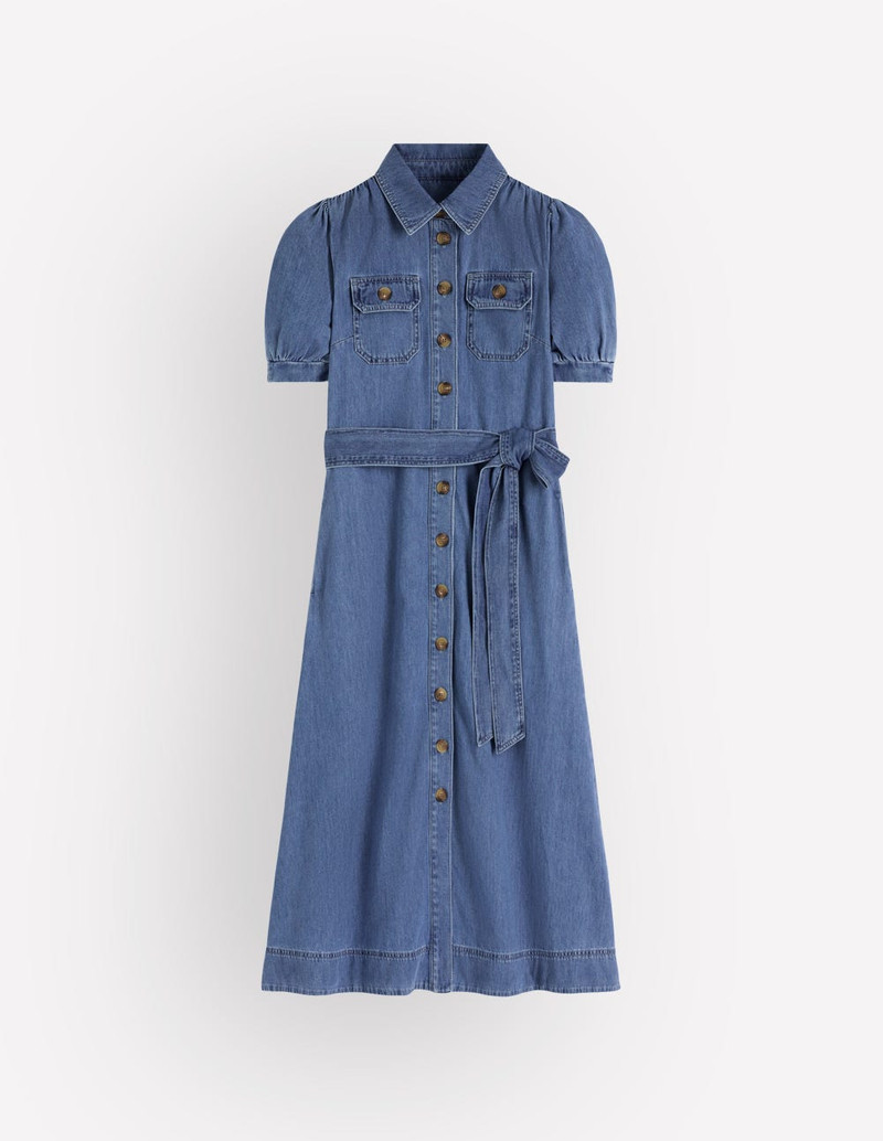 Puff Sleeve Denim Shirt Dress-Mid Vintage 1