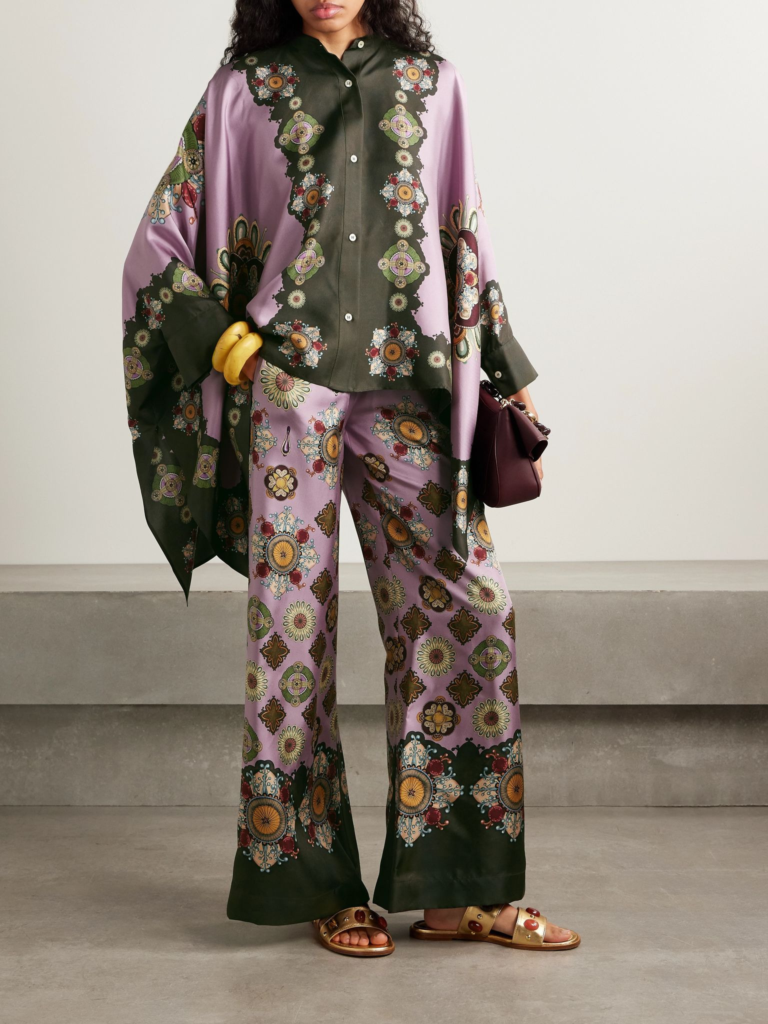 Icon Palazzo printed silk-twill wide-leg pants Purple - 2