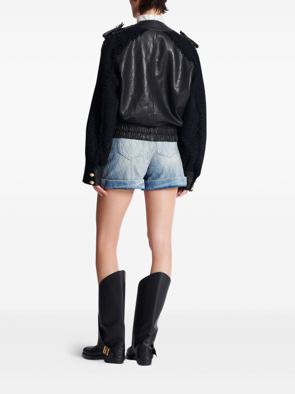 tweed-panel leather bomber jacket - 4