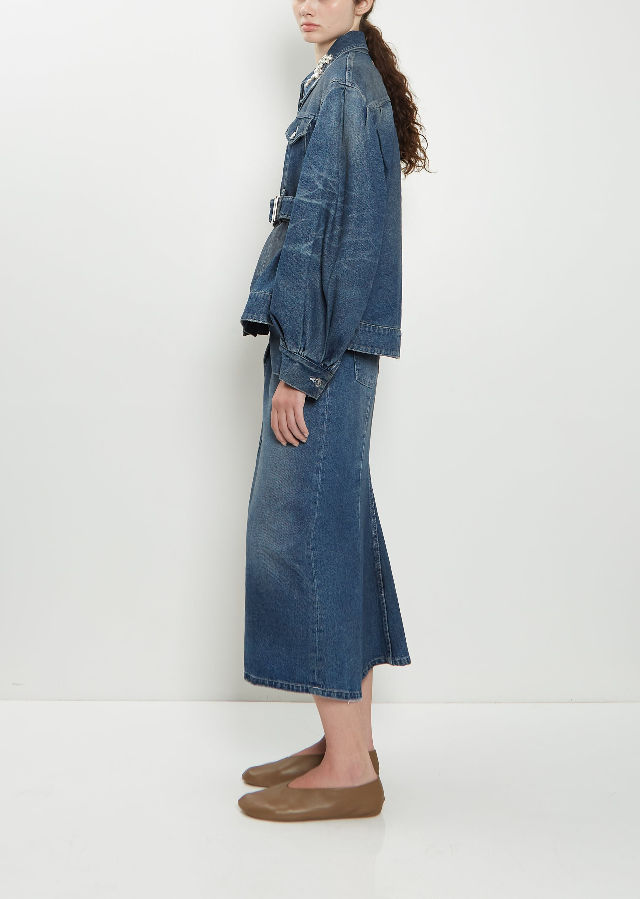 Embellished Belt Detail Sculpted Denim Jacket - 2