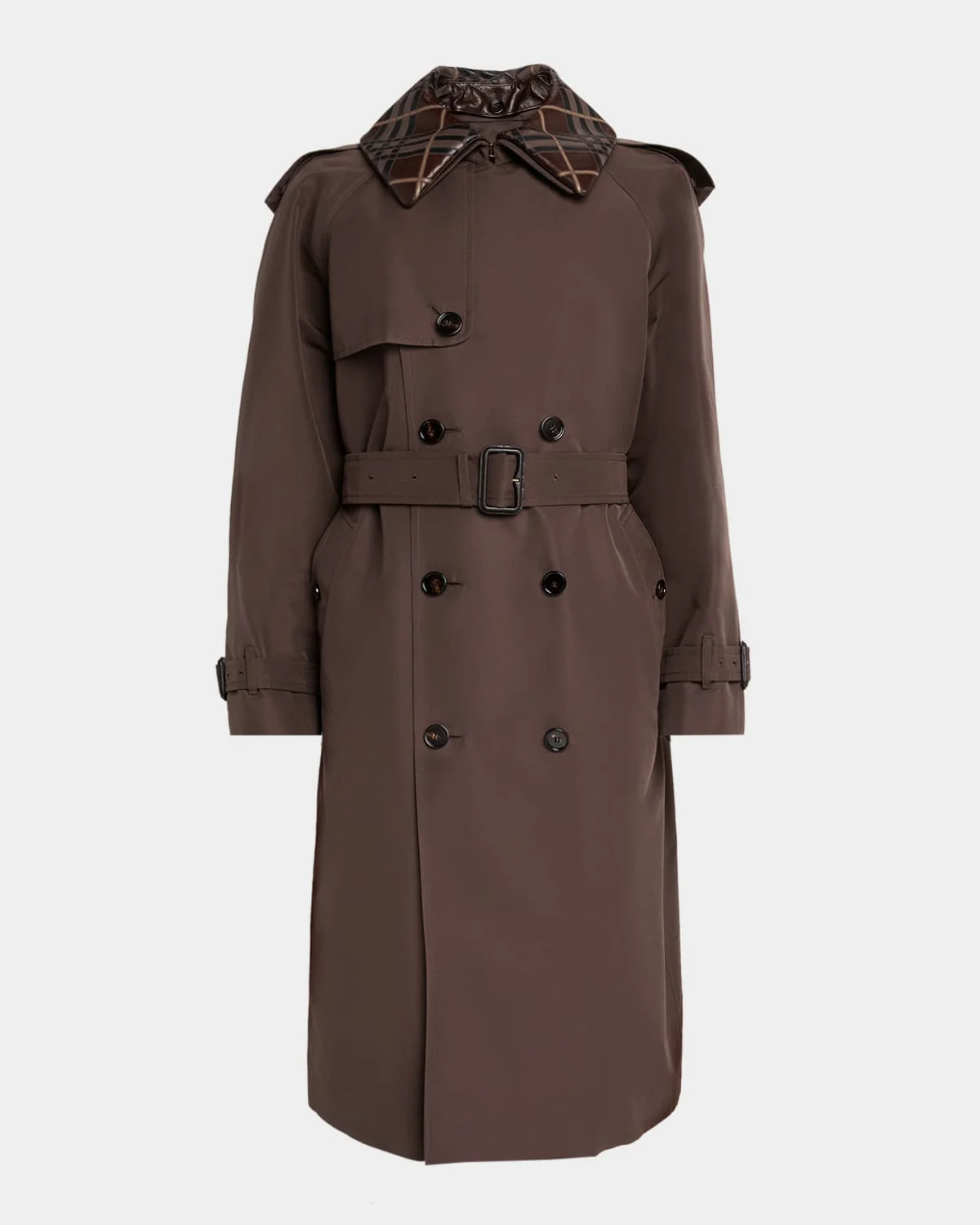 Men's Leather-Check Collar Silk and Cotton Trench Coat - 1