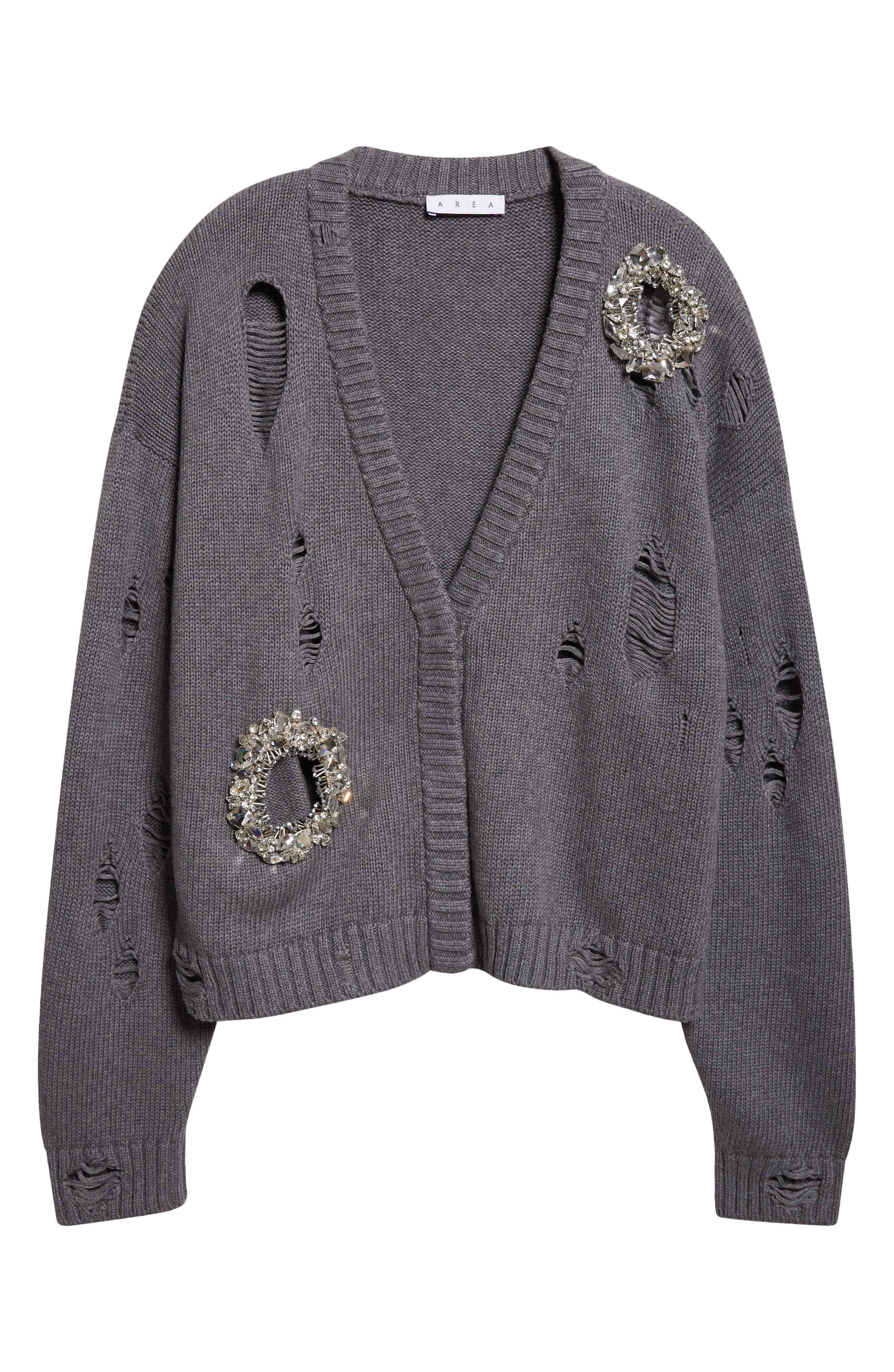 Area Distressed Crystal Cotton & Cashmere Cardigan in Heathered Grey at Nordstrom - 6
