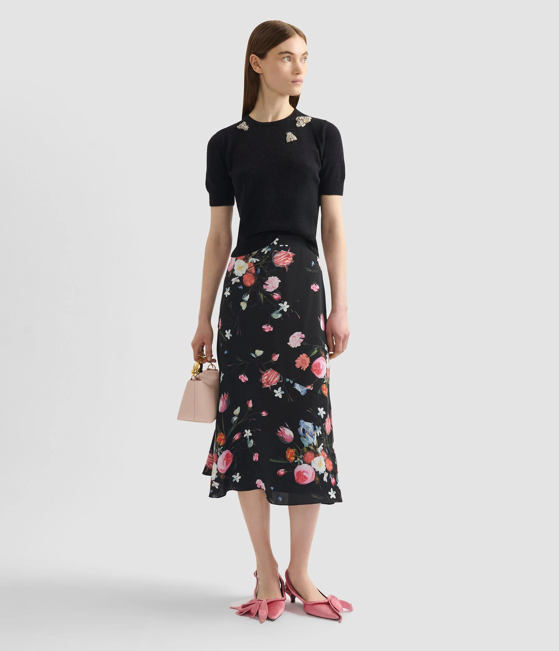 FLORAL PRINT CREPE A LINE MIDI SKIRT - 1
