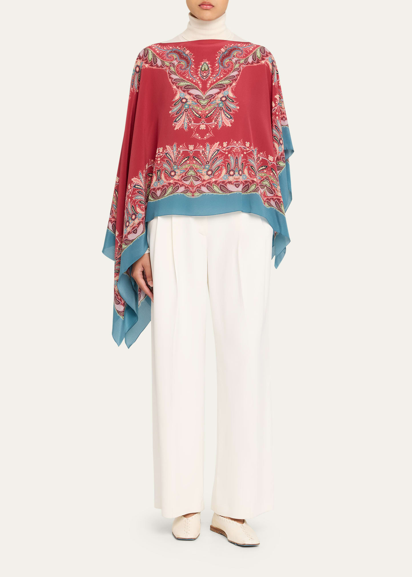 Asymmetric Paisley Silk Poncho - 2