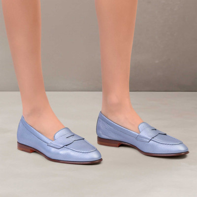 Santoni Women's light blue tumbled leather penny loafer outlook