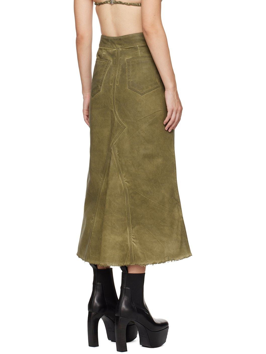 Khaki Godet Denim Midi Skirt - 3