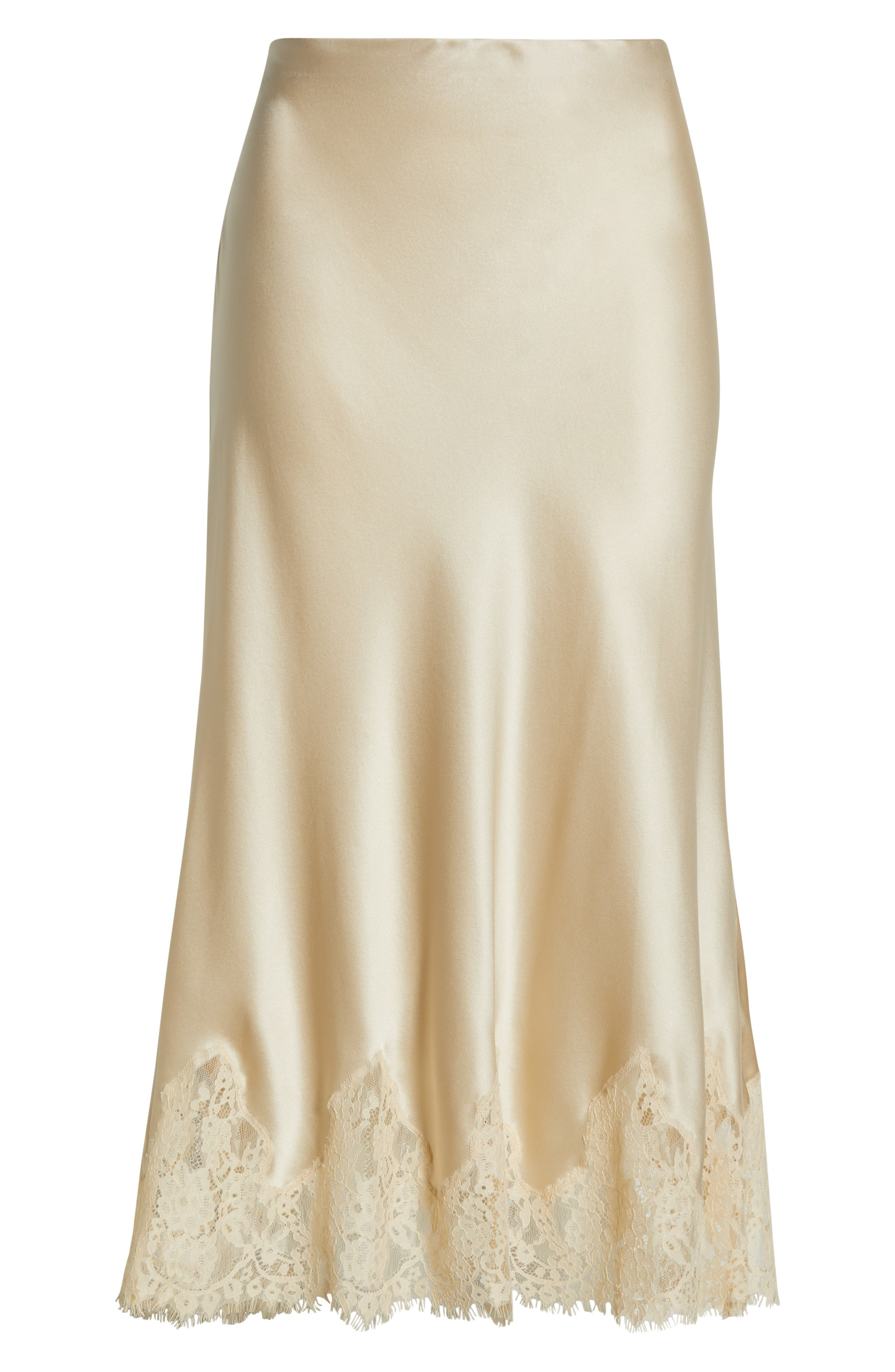 Reformation Lace Trim Silk Midi Skirt in Almond at Nordstrom - 5