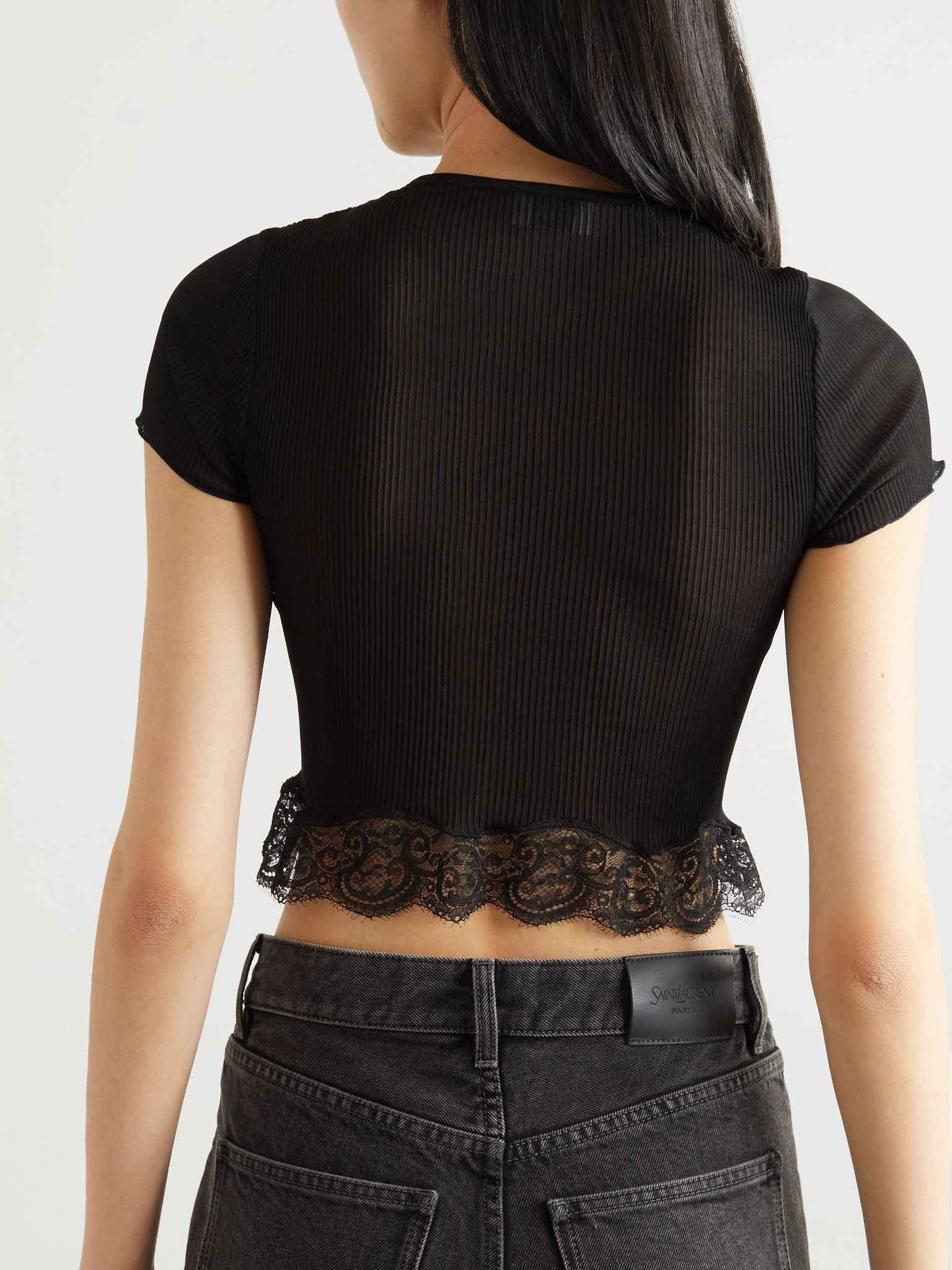 Cropped lace-trimmed ribbed silk top Black - 3