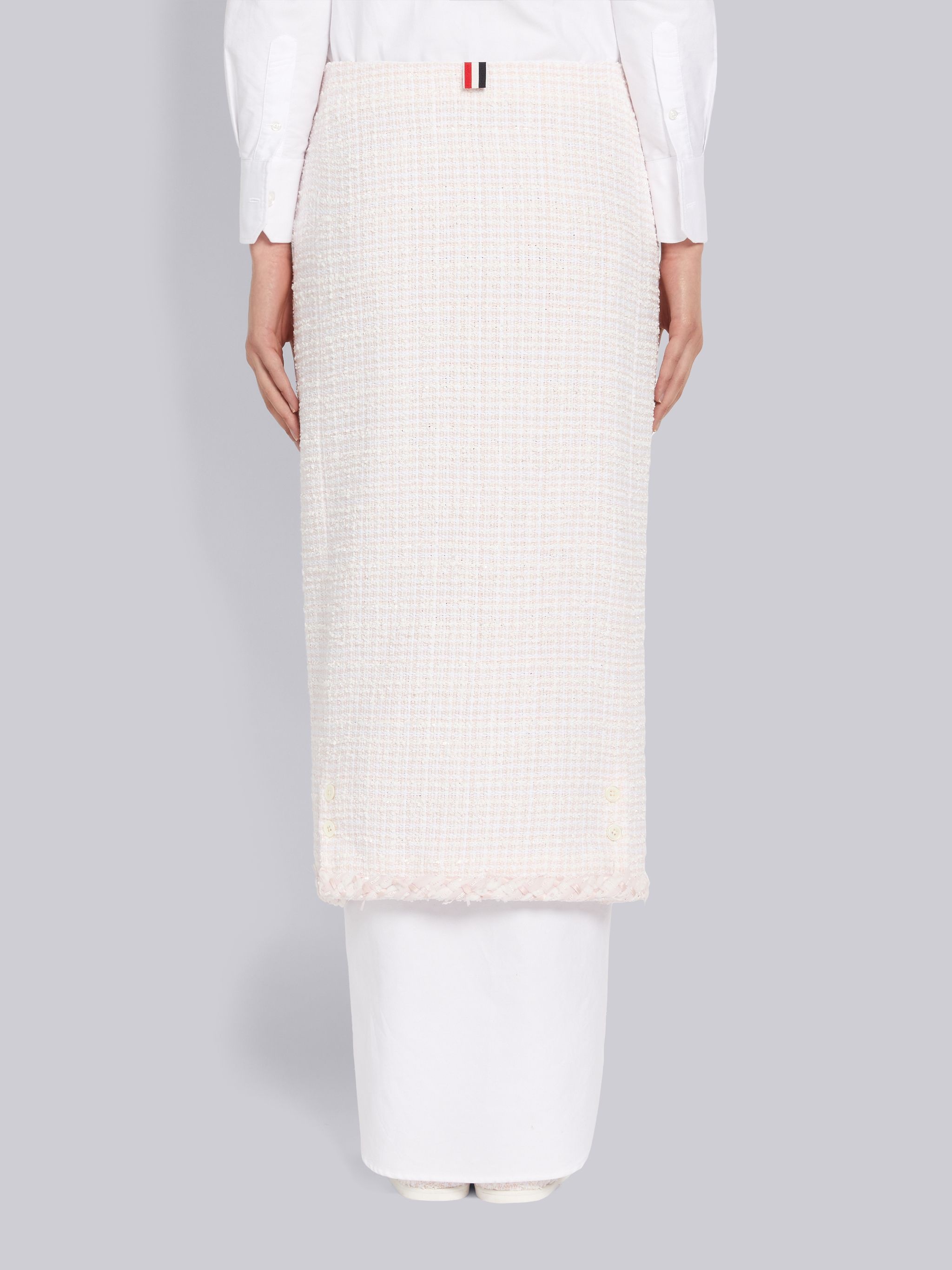 Light Pink Small Hopsack Check Tweed Braided Trim Button Front Low Rise Ankle Length Cardigan Skirt - 3