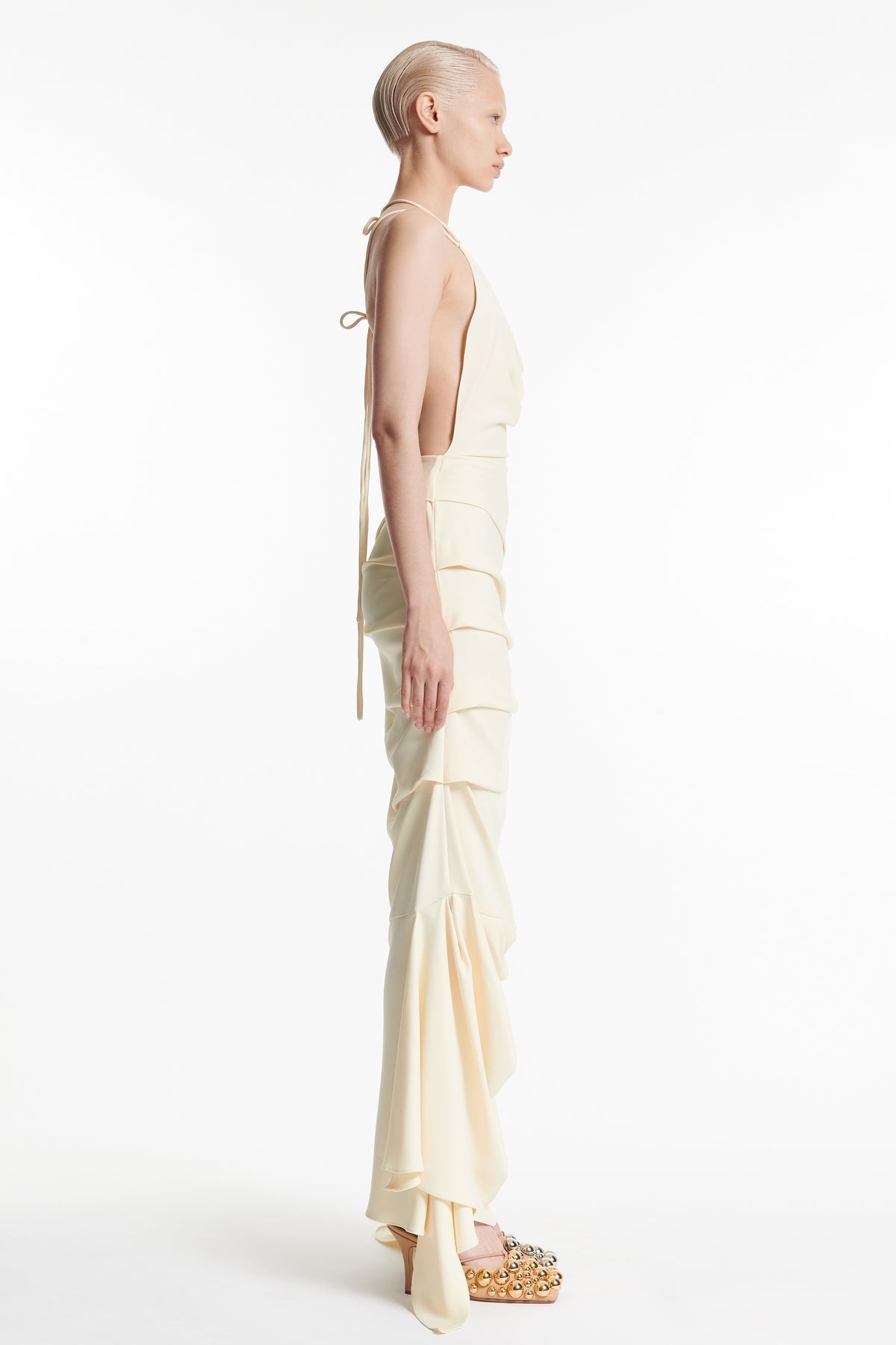 FITTED ASYMMETRIC DRAPED DRESS IVORY - 3
