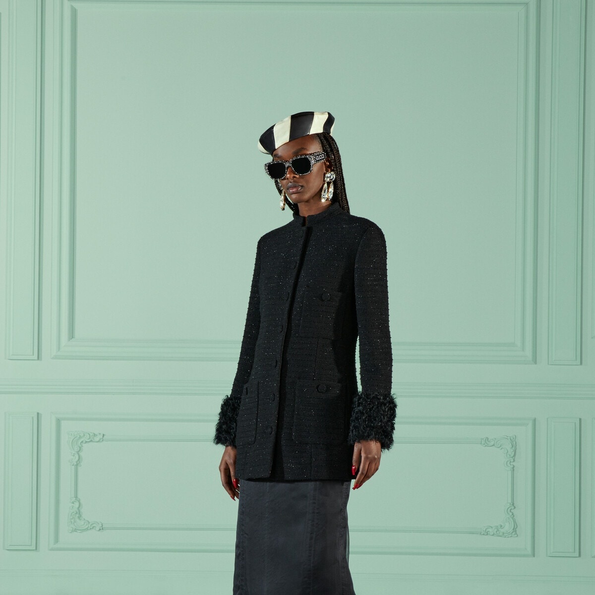Tweed wool jacket with faux fur cuffs - 6