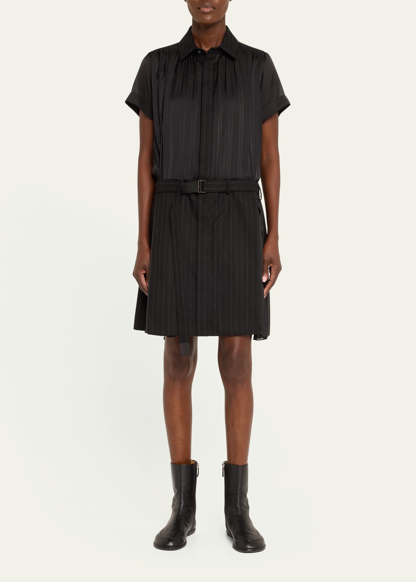 Short Belted Wool Pleated Shirt Dress - 2