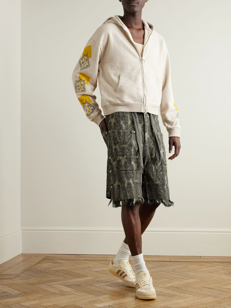 Kapital Magpie Straight-Leg Distressed Cotton-Jacquard Drawstring Shorts Green outlook