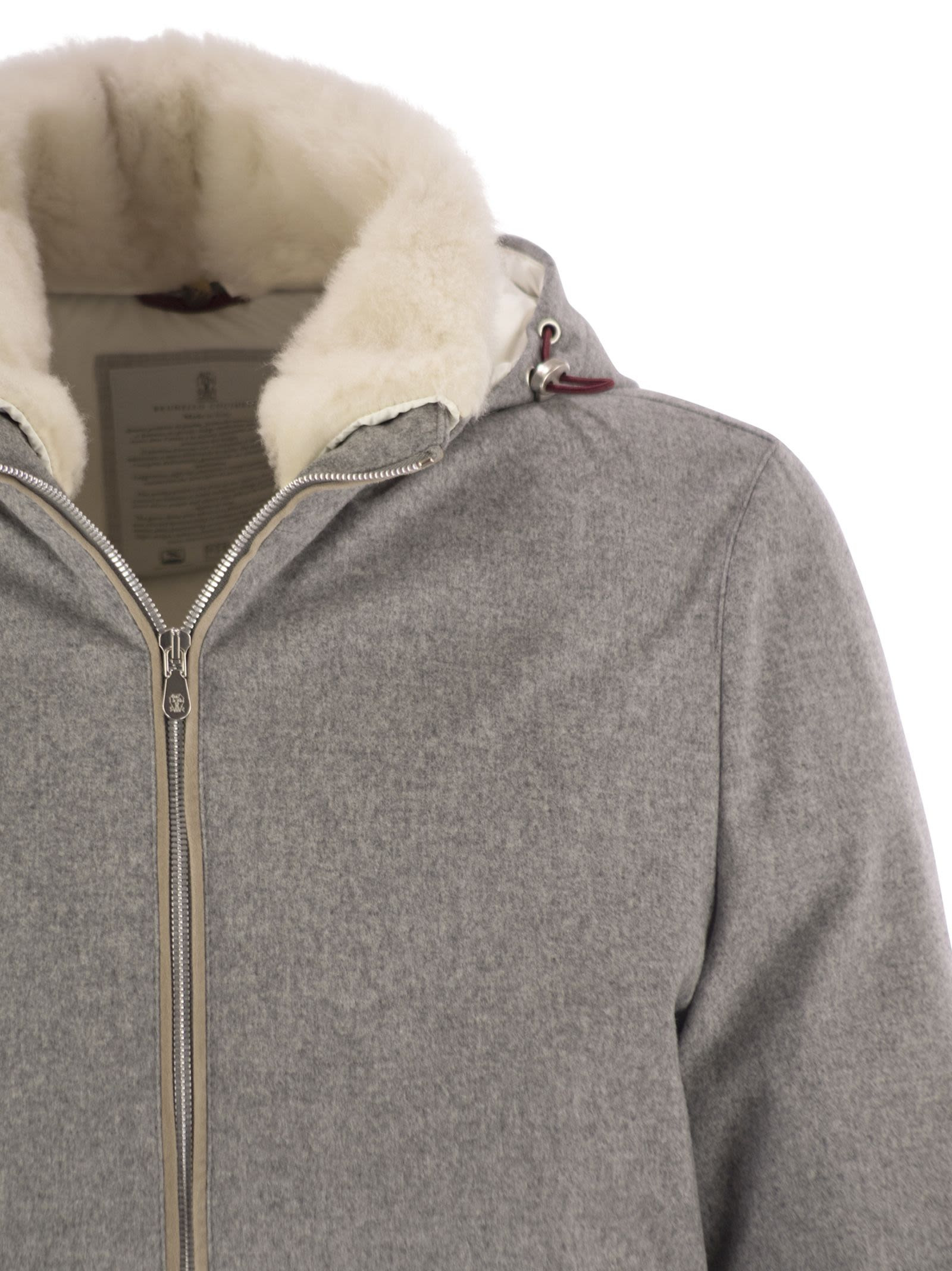 Brunello Cucinelli Men Membranated Wool Flannel Down Jacket With Shearling-Lined Collar - 4