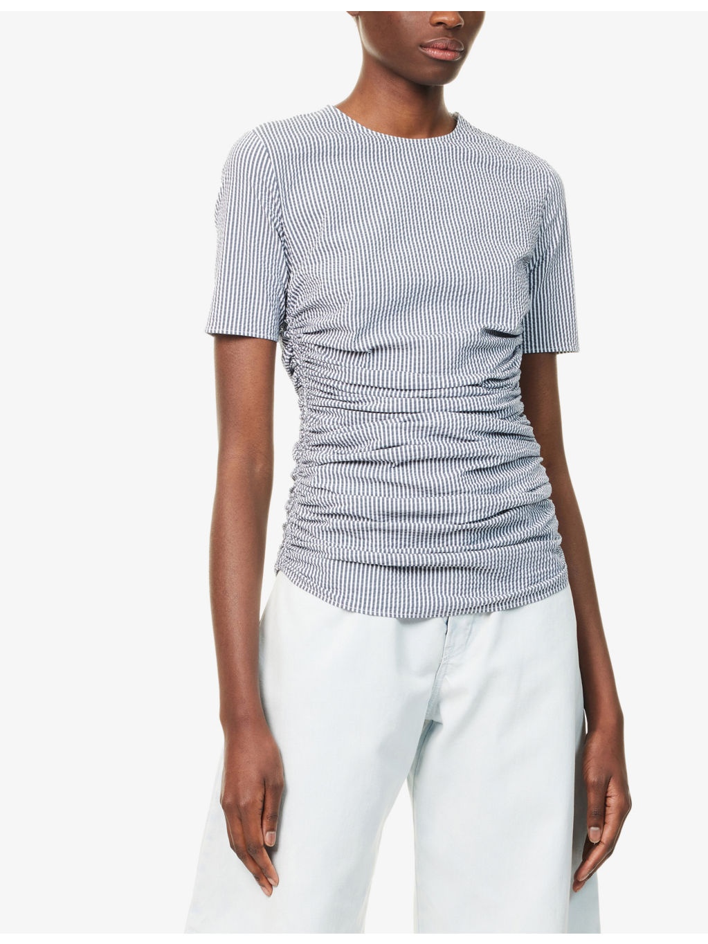 Pleated Striped Stretch-Woven T-Shirt - 3