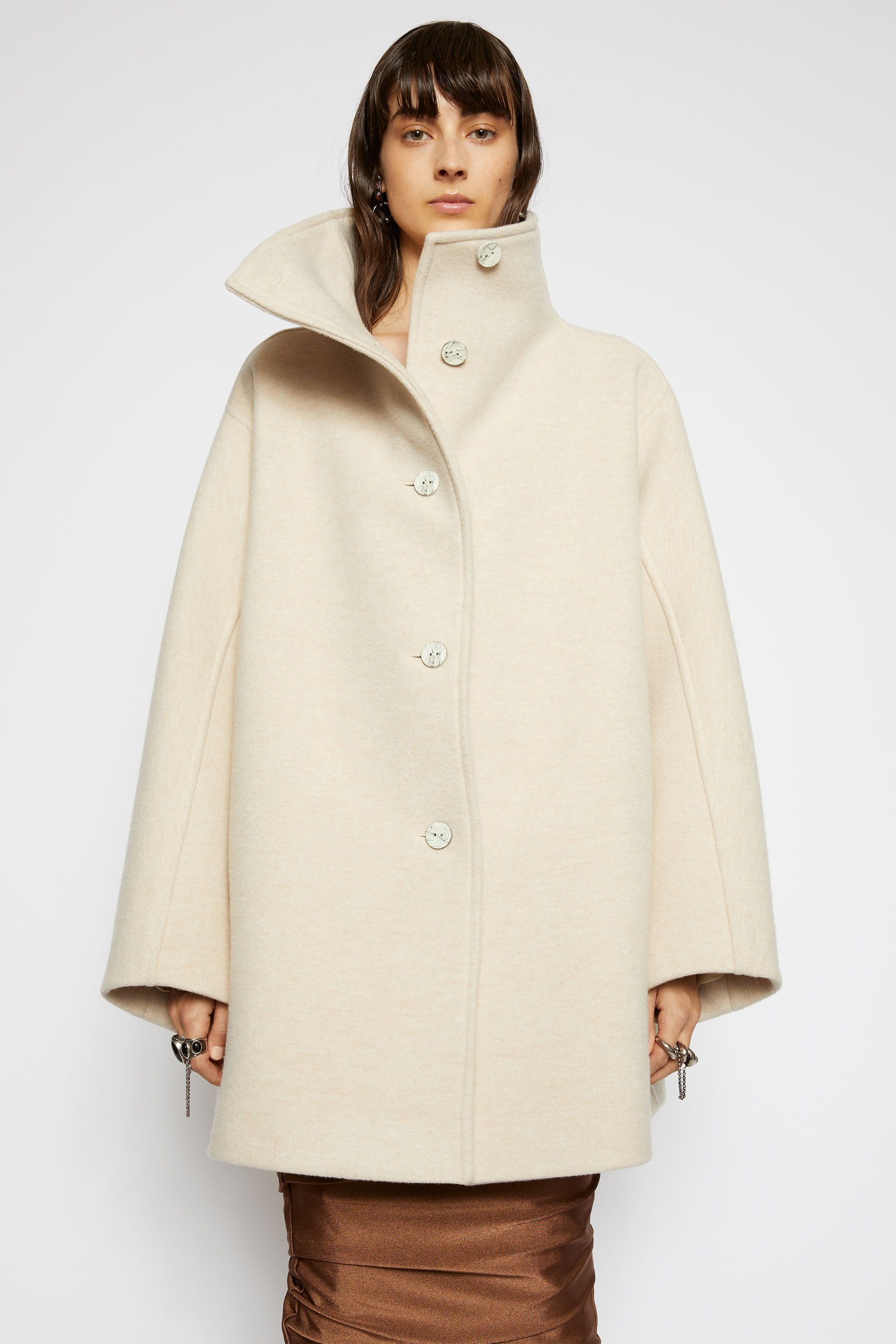 High-neck wool coat cream beige - 5