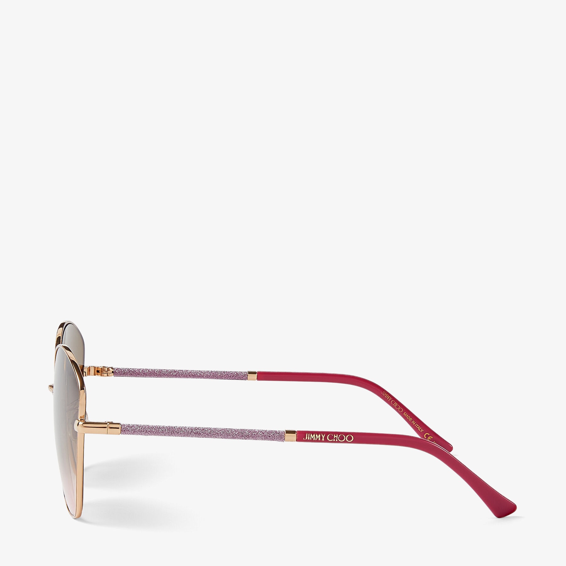 Marilia
Copper Gold Cat-Eye Sunglasses with Brown and Pink Shaded Lenses and Glitter Temples - 2