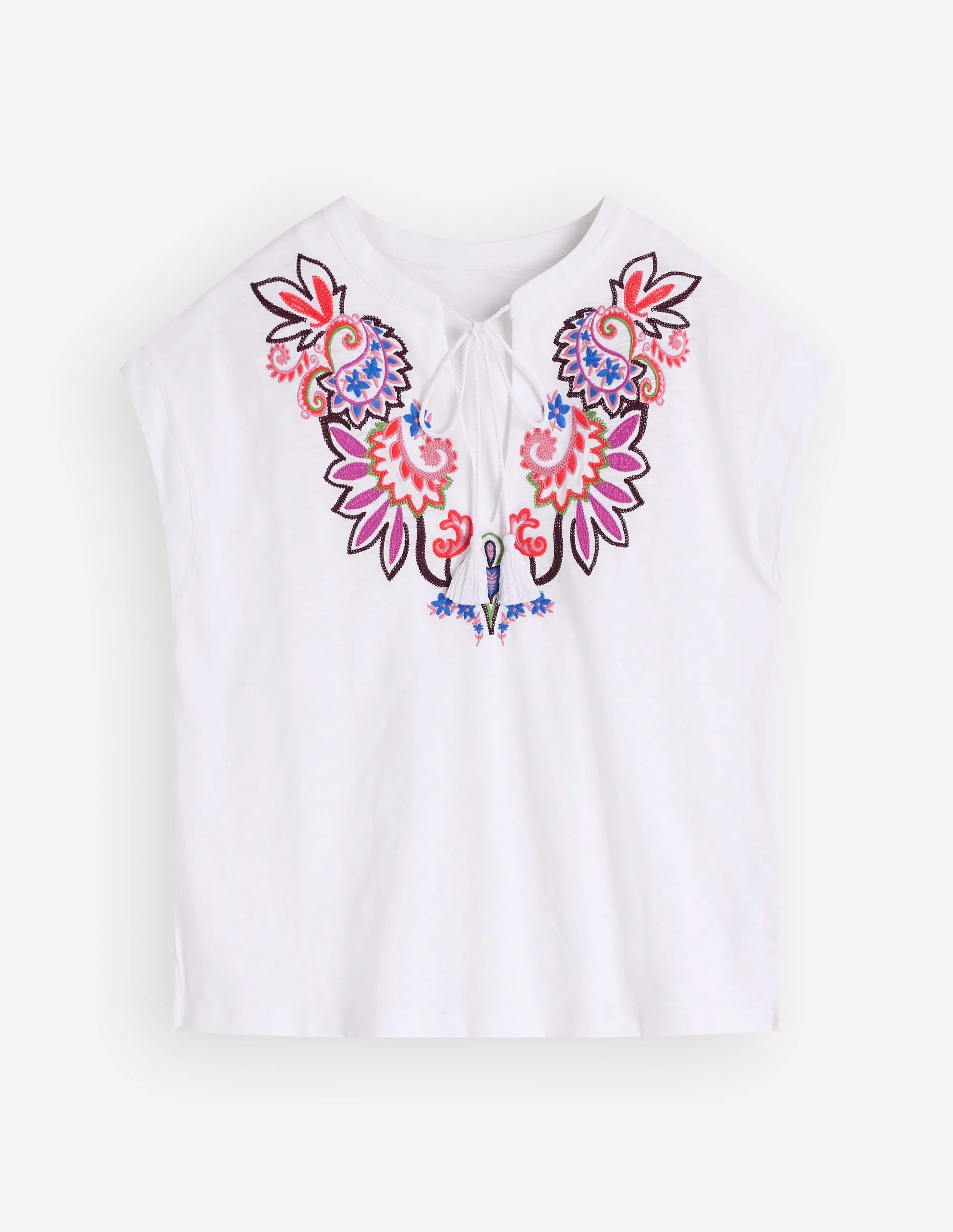 Nina Embroidered Notch T-shirt-White - Multi Embroidery - 1
