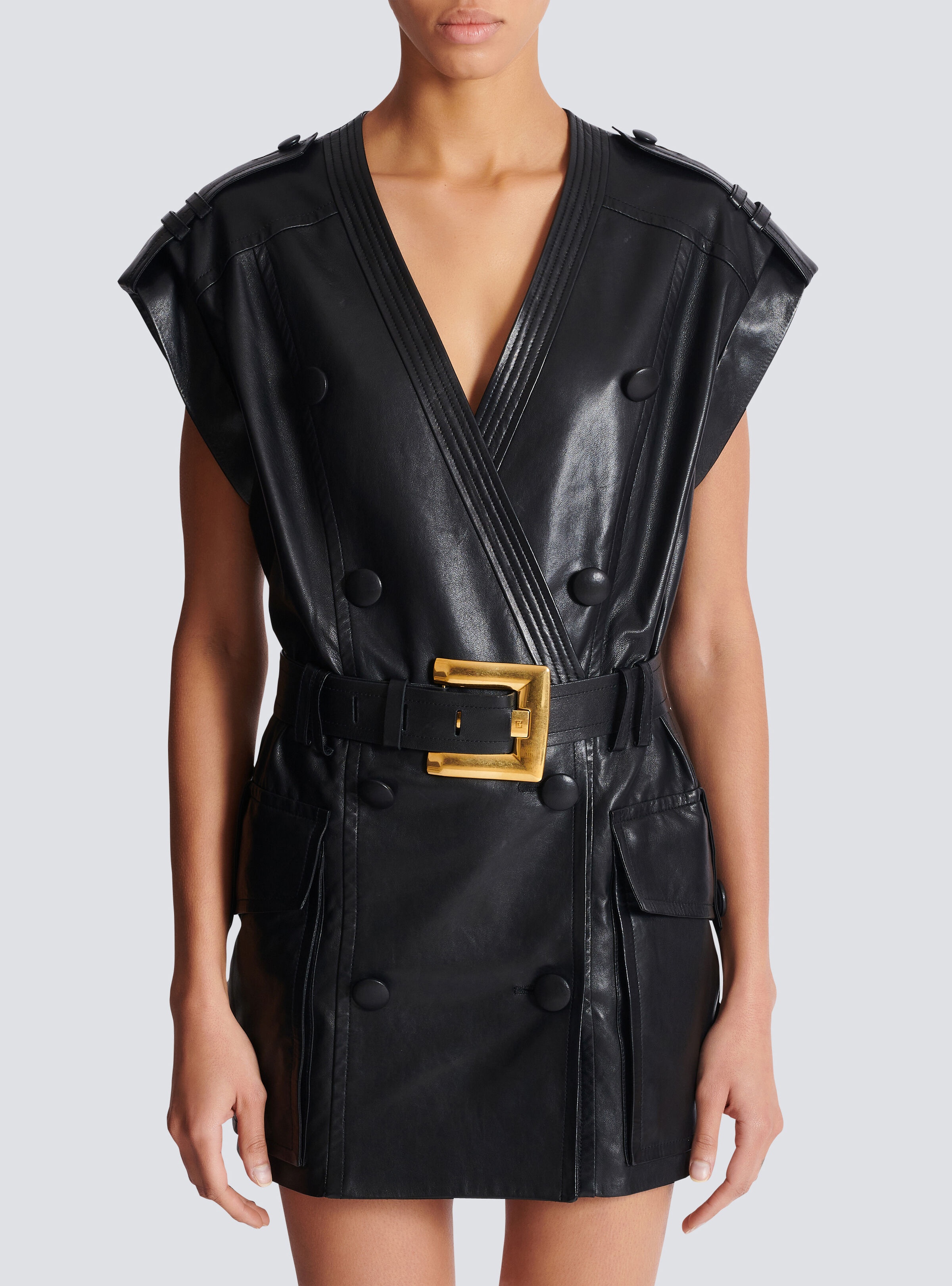 Lambskin leather short belted dress - 5