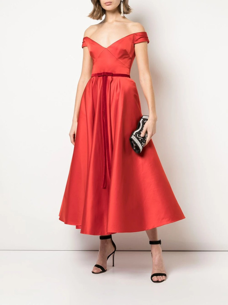 OFF-THE-SHOULDER SATIN CORSET TEA LENGTH MIDI GOWN 1