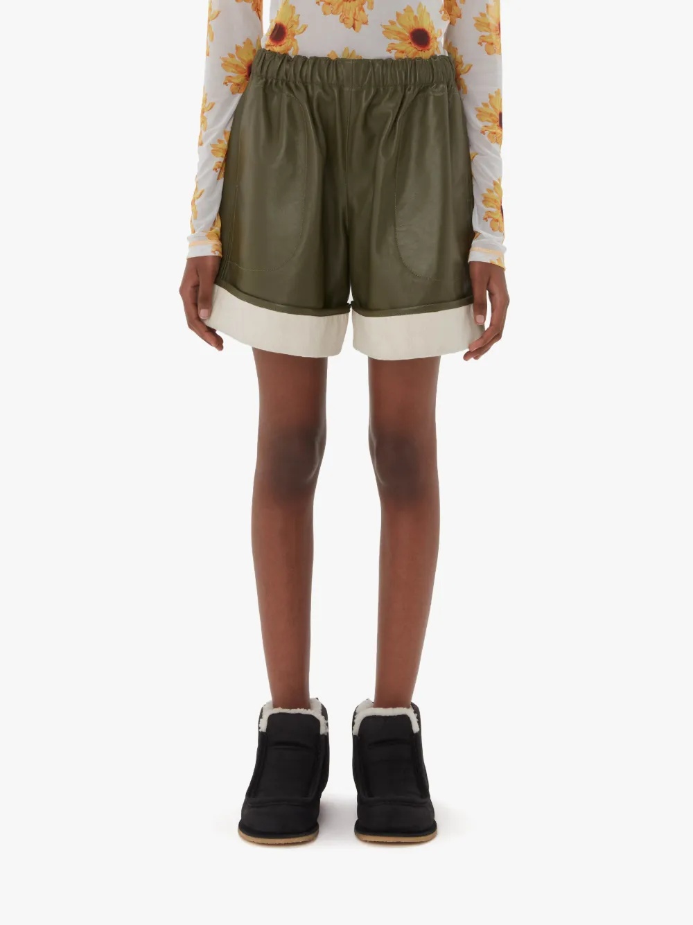 CONTRAST LEATHER HEM SHORTS - 2