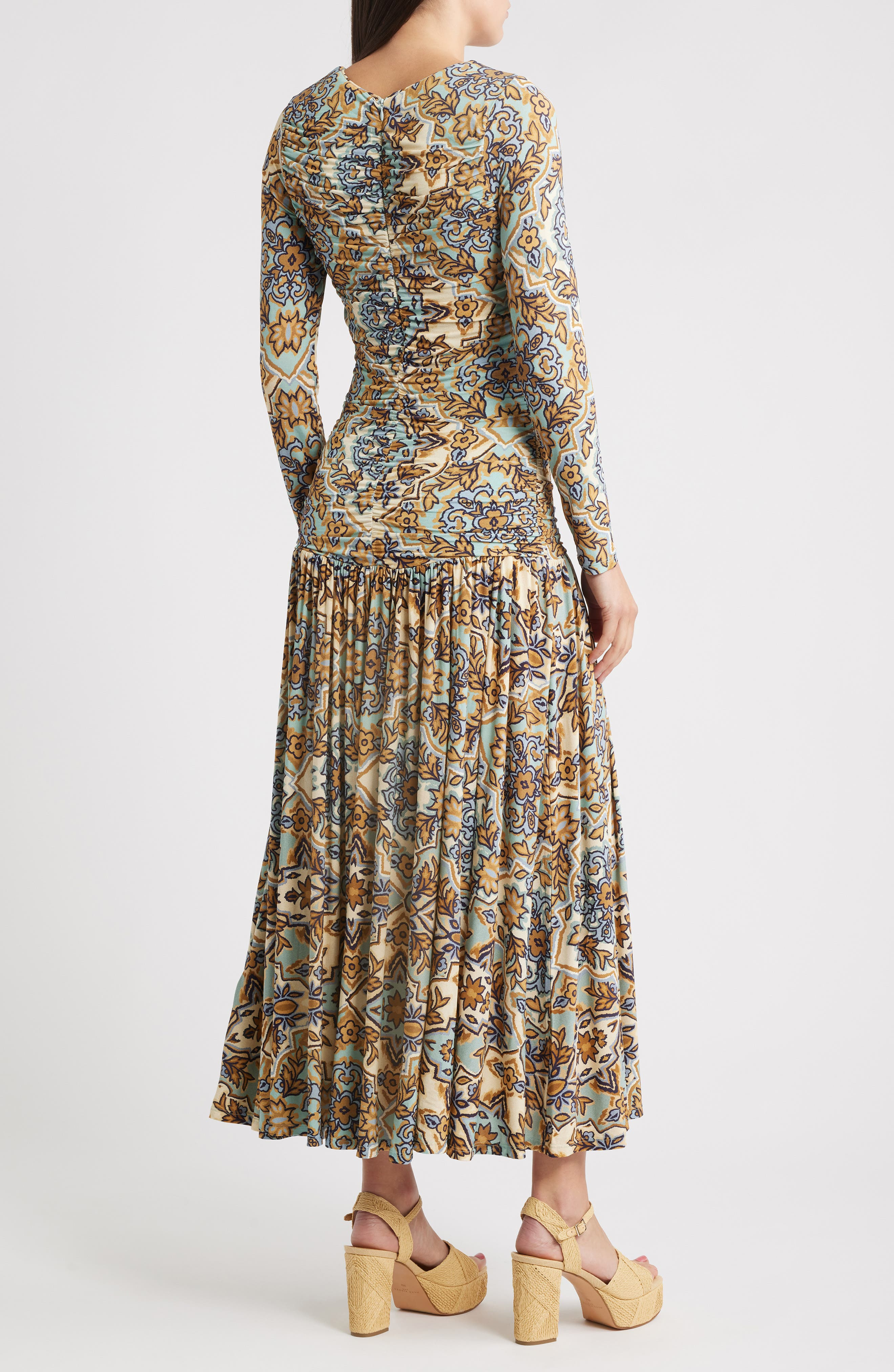 FARM Rio Winter Tapestry Long Sleeve A-Line Dress in Blue at Nordstrom - 2