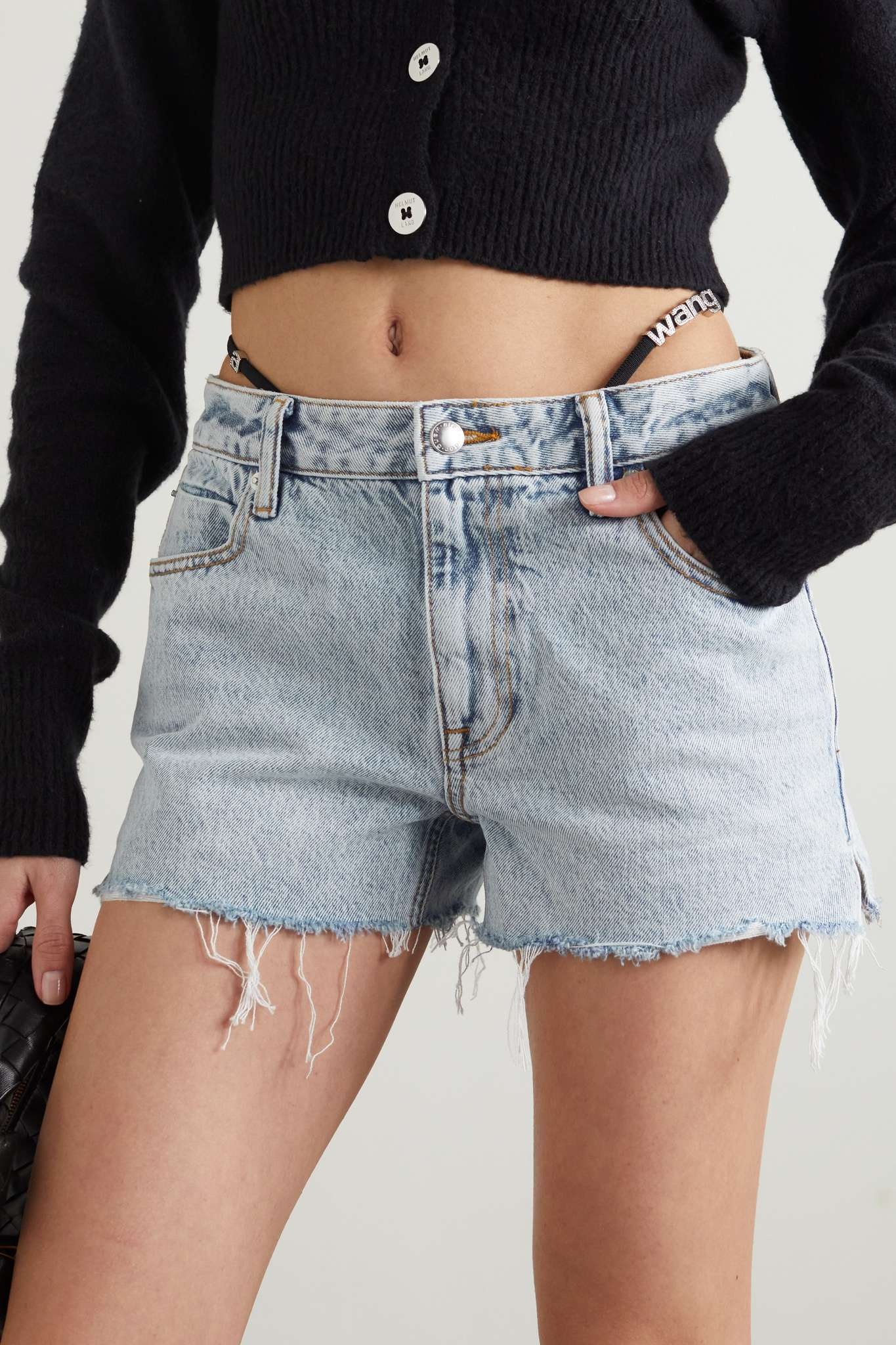 Crystal-embellished elastic-trimmed frayed denim shorts - 3