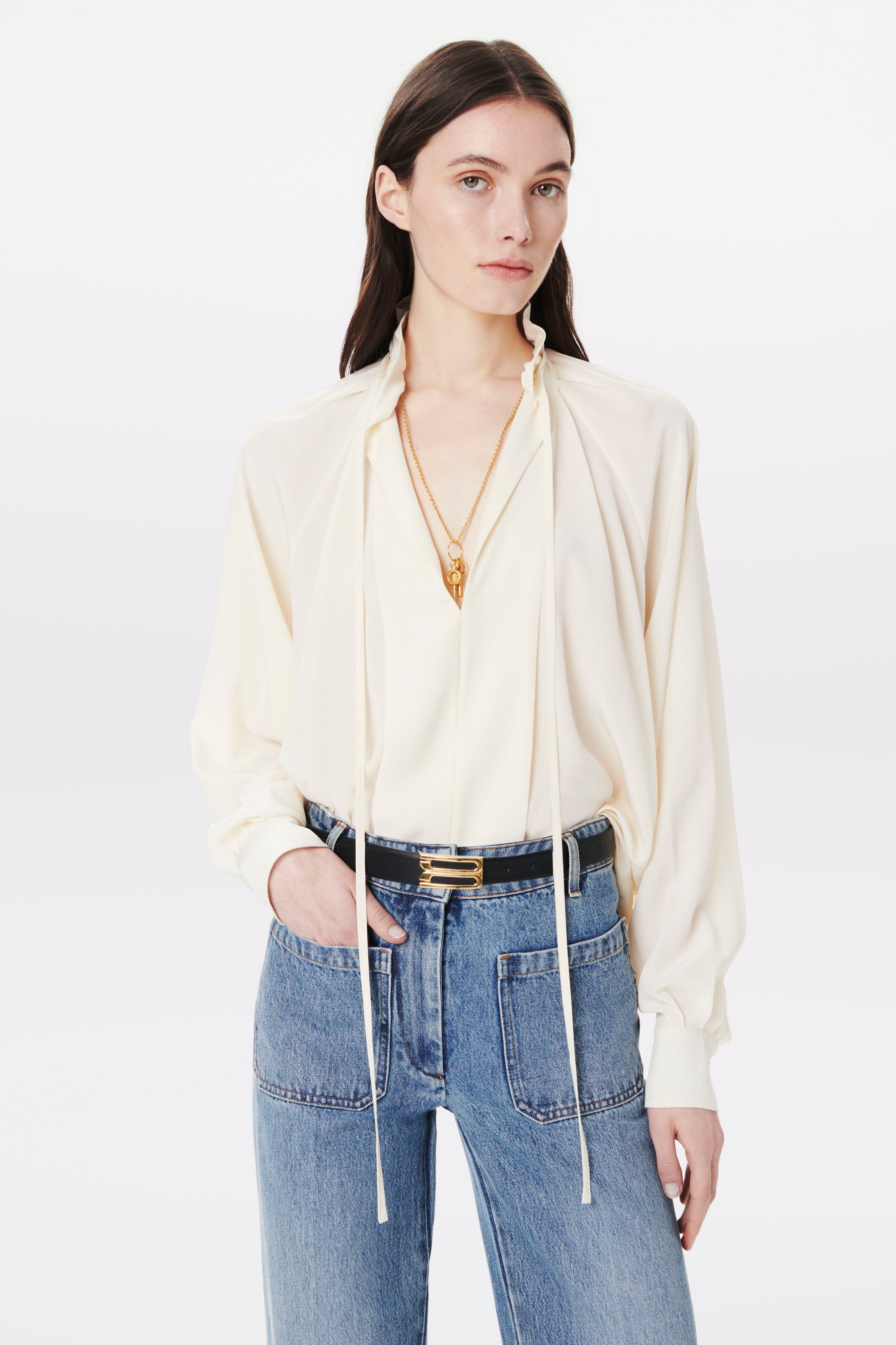 Ruched-neck Ruffle Blouse in Vanilla - 3