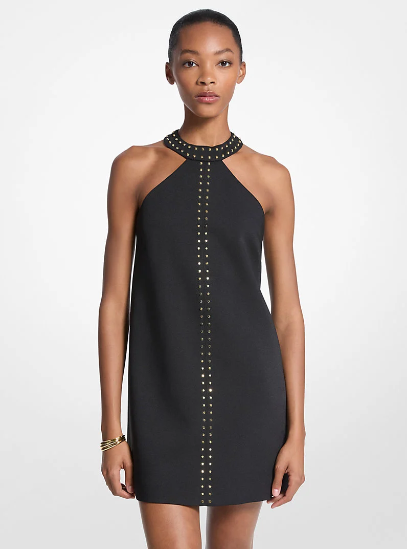 Studded Stretch Crepe Halter Mini Dress - 1